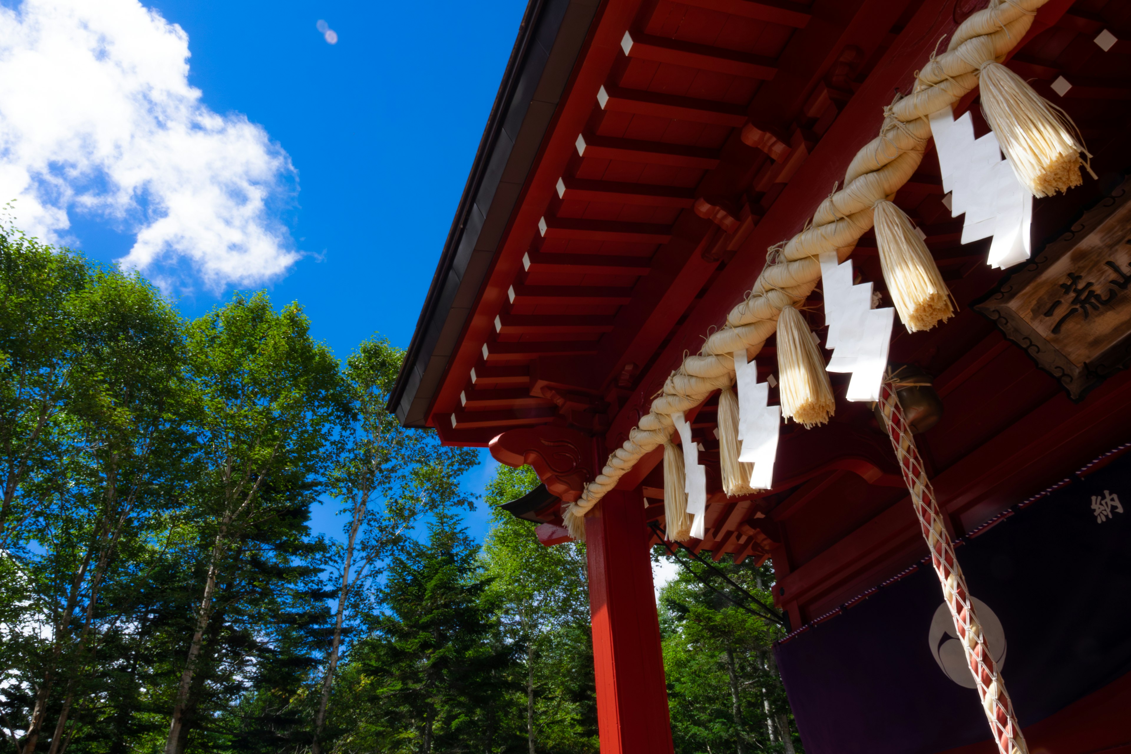 Red shrine roof with shimenawa against a backdrop of blue sky and green trees