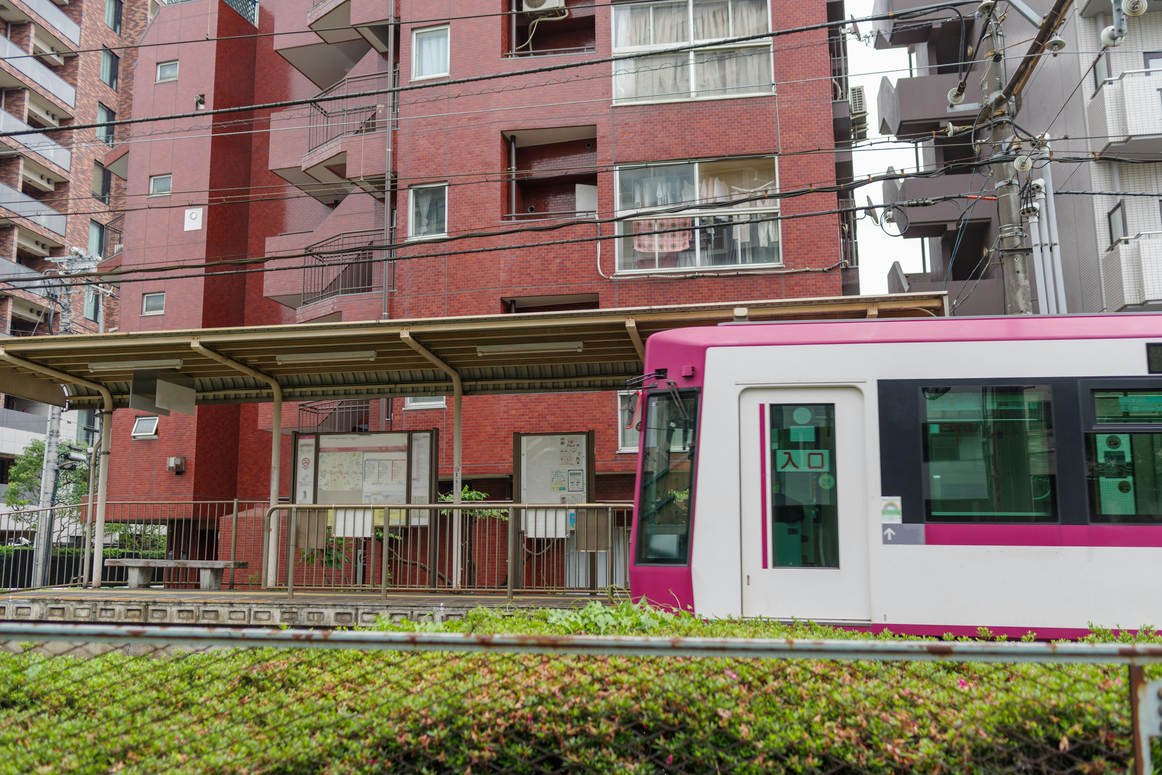 Tram rose arrêté à une station près d'un bâtiment rouge