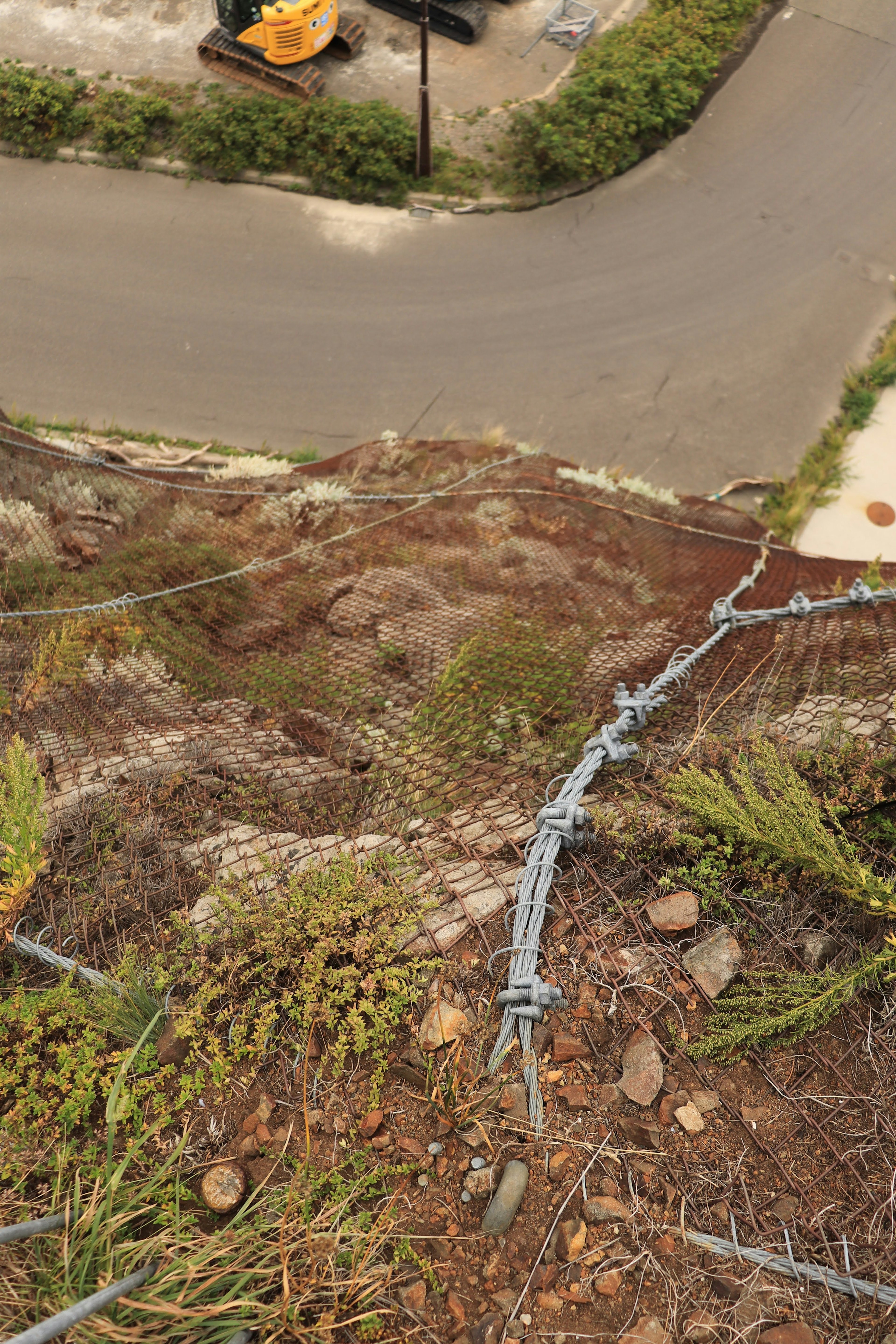 Blick auf einen Hang mit grüner und brauner Vegetation Metallzaun am Boden sichtbar