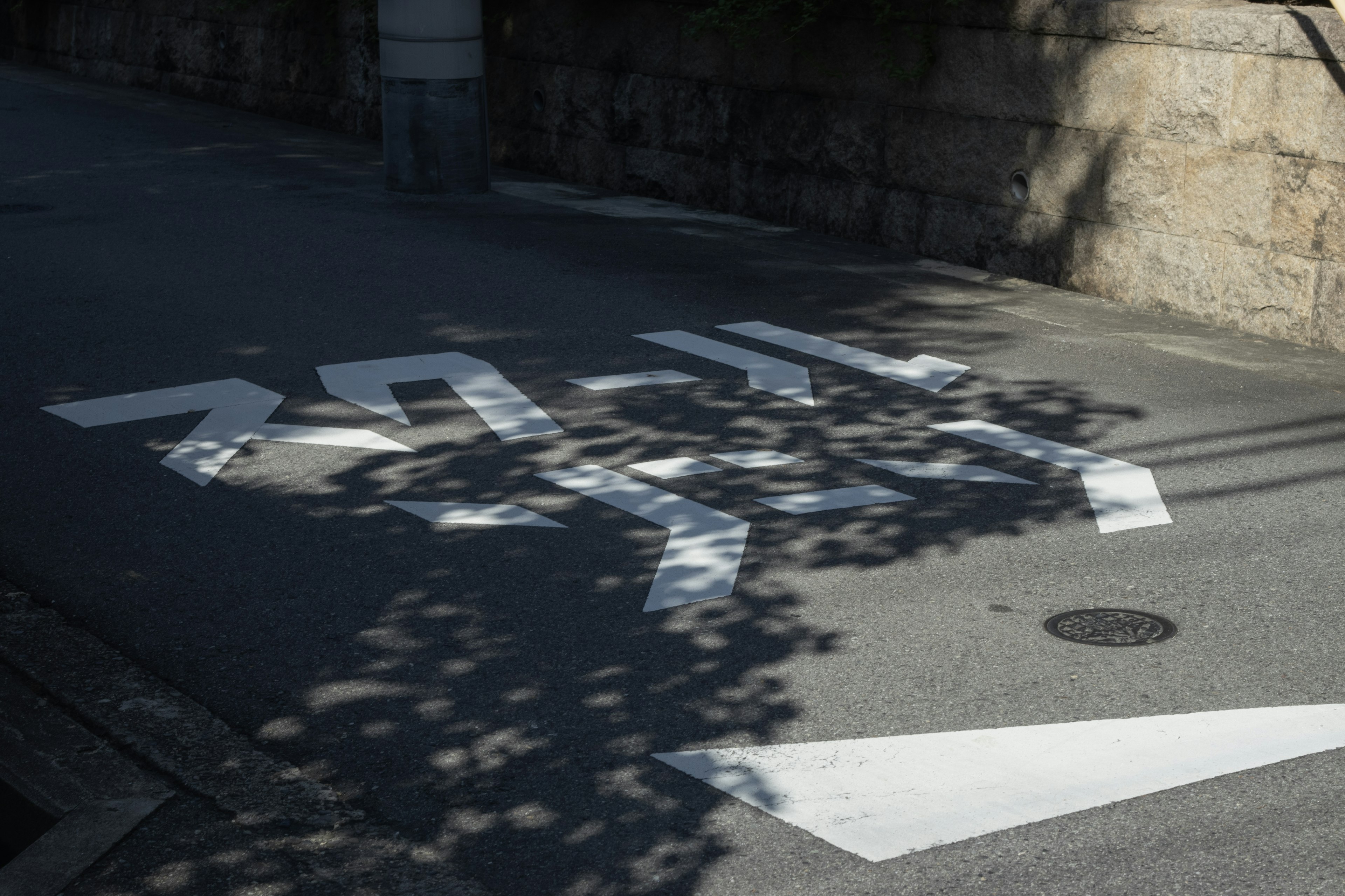 White arrows and text markings on the road