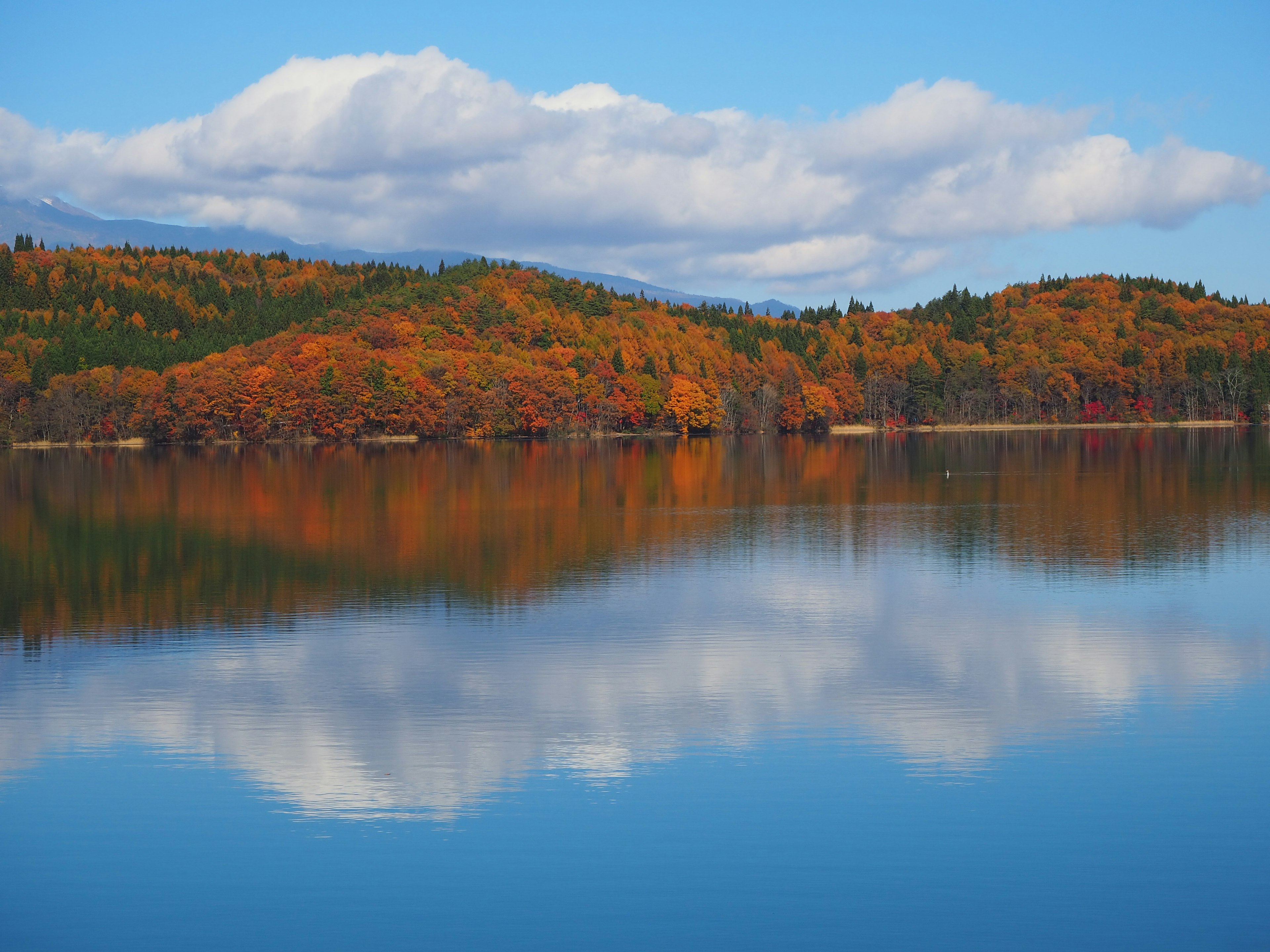 Magnifique paysage d'automne avec un feuillage coloré reflété dans le lac et un ciel bleu