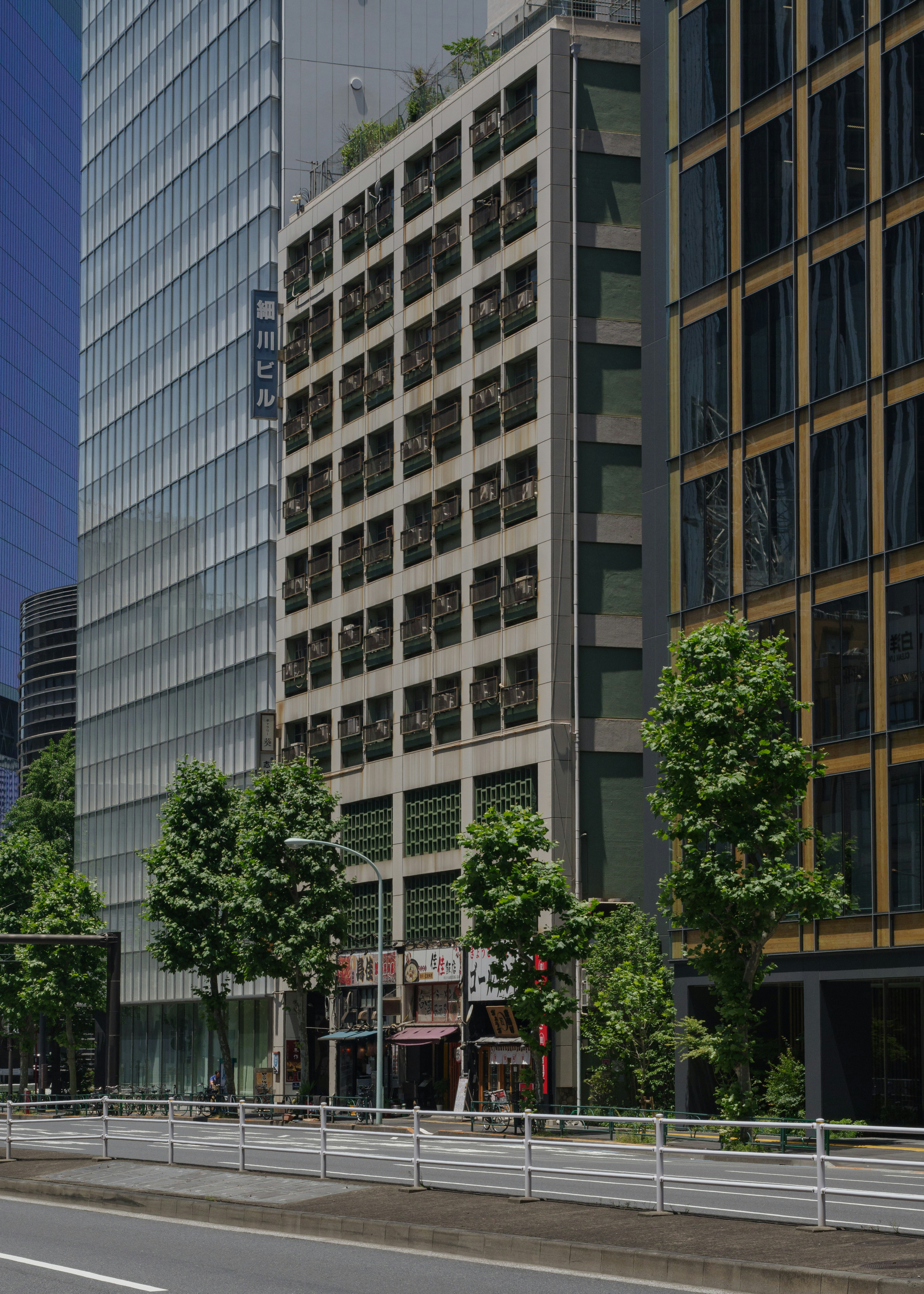 Paisaje urbano con un rascacielos moderno y un edificio antiguo con vegetación