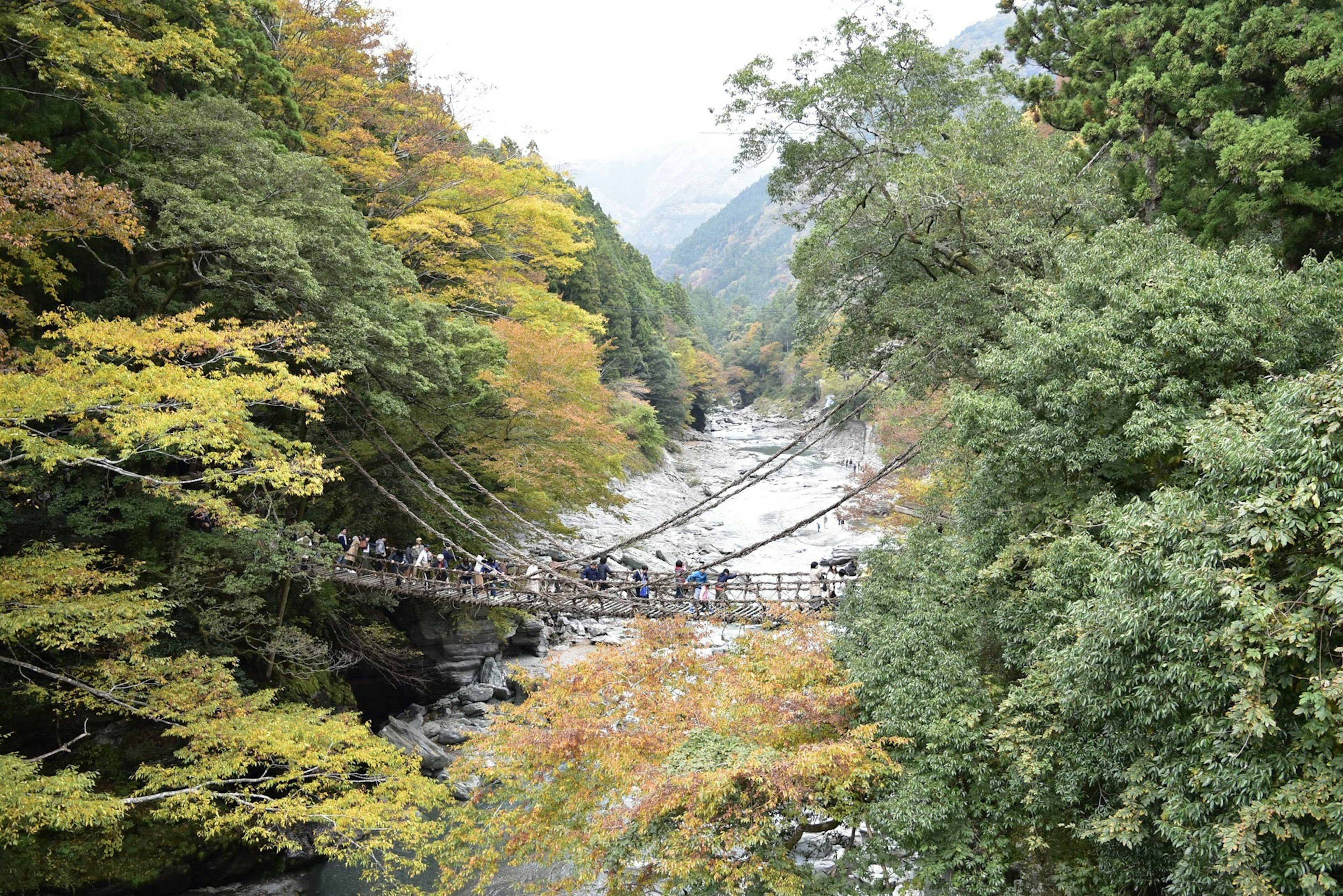 ทิวทัศน์ฤดูใบไม้ร่วงที่สวยงามมีสะพานแขวนและภูเขารอบๆ