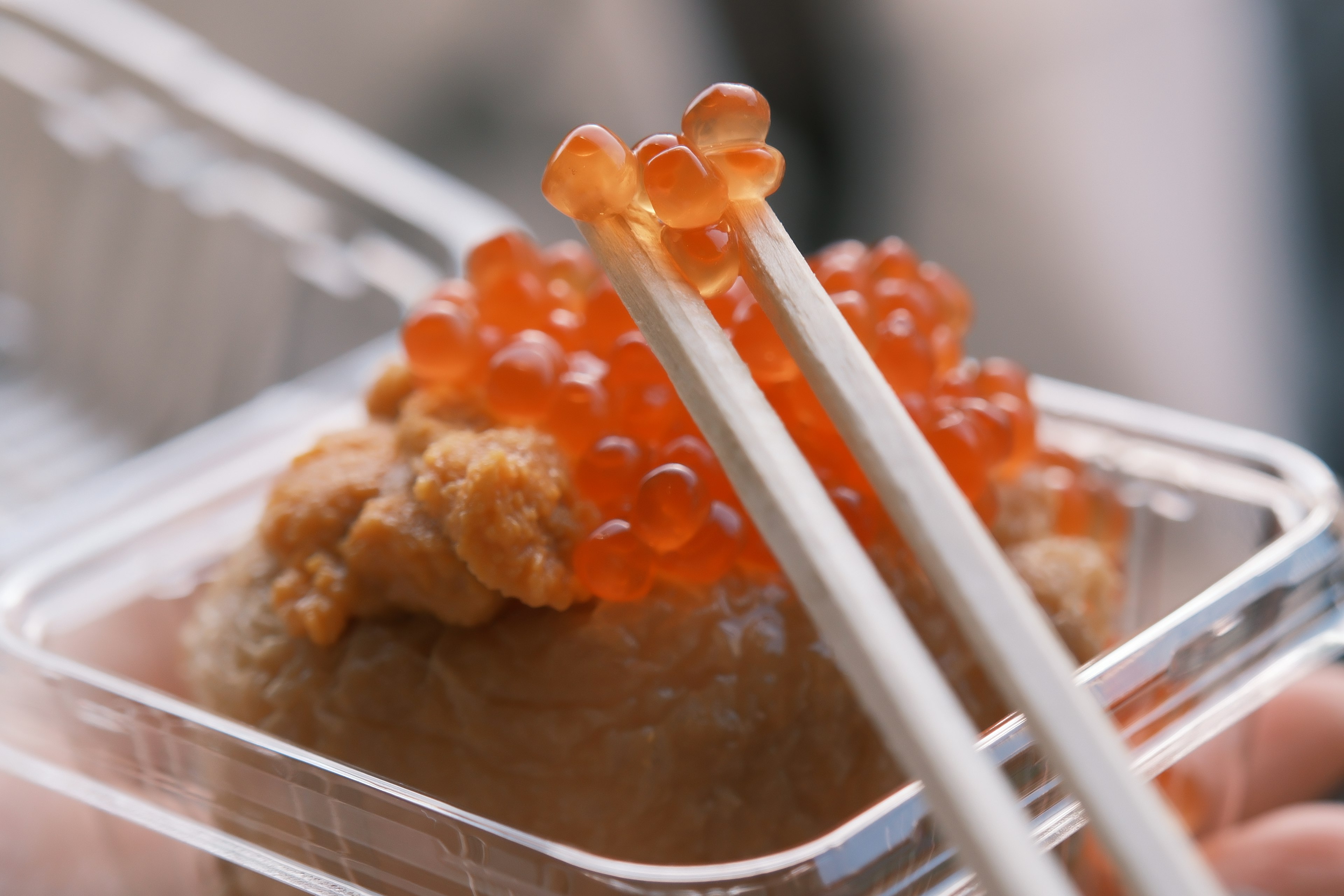 Sushi mit orangefarbenem Ikura, gehalten mit Essstäbchen