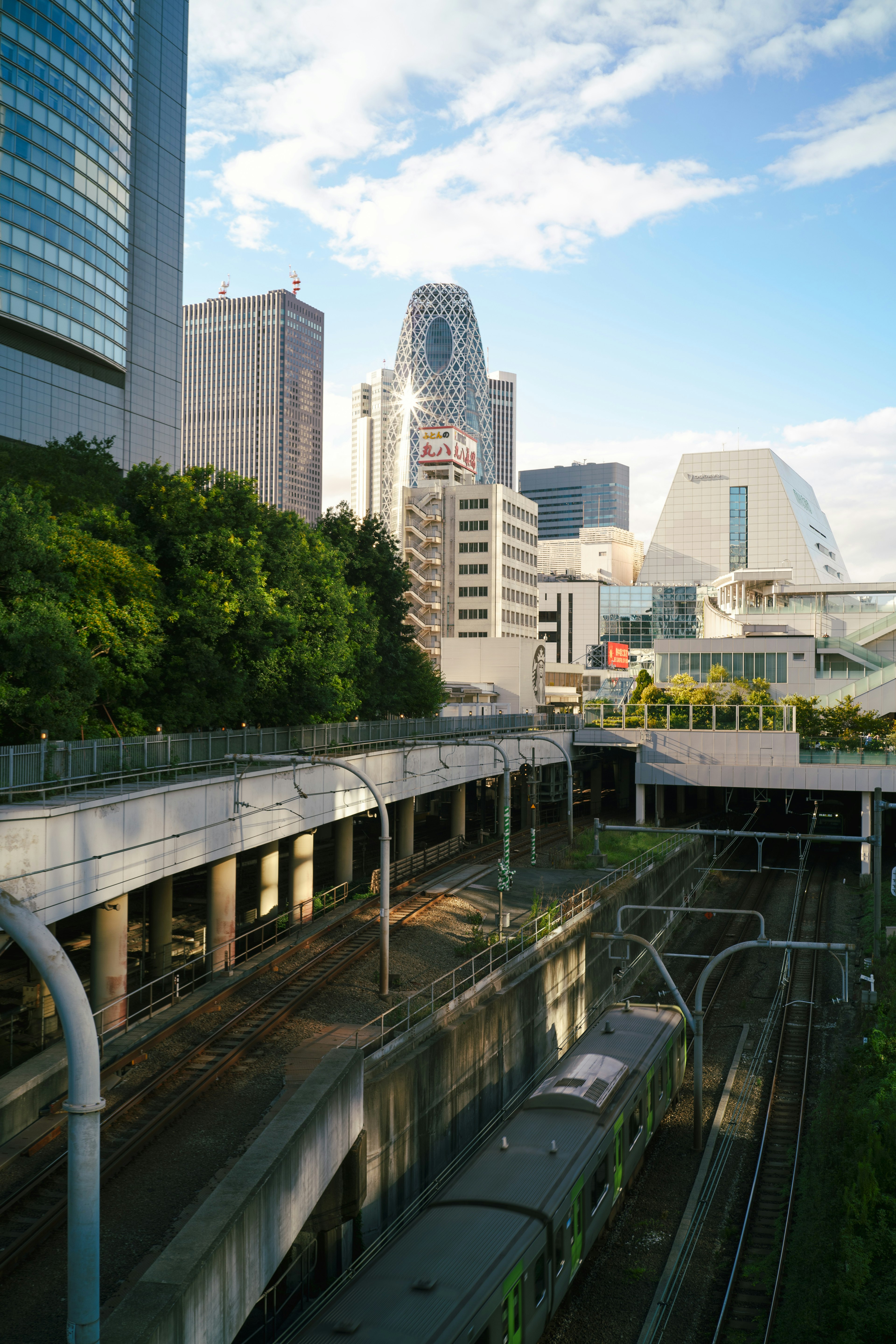 ทิวทัศน์ของเมืองที่มีรางรถไฟและตึกระฟ้า