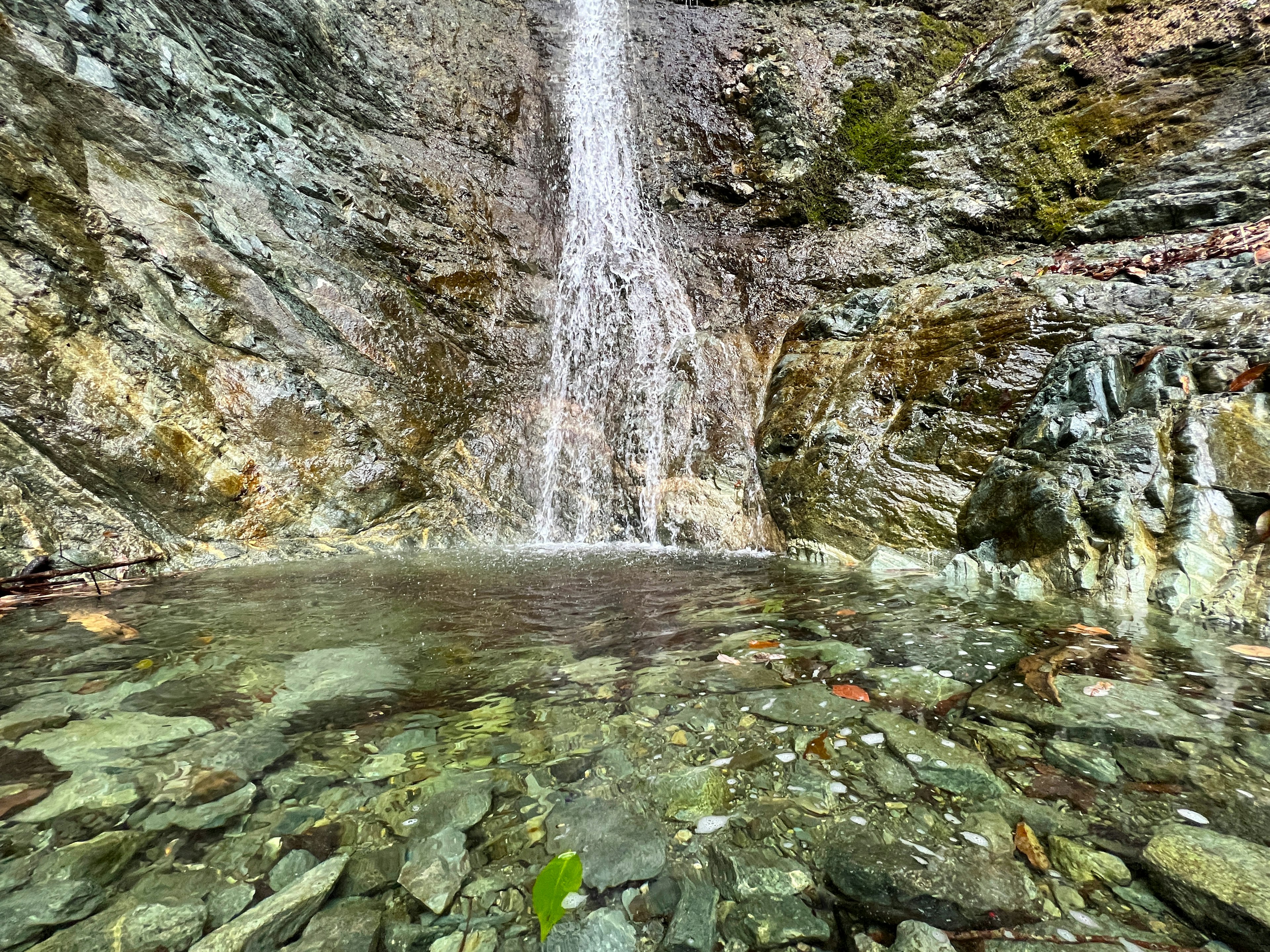 Schöne Naturszene mit einem Wasserfall, der über Felsen fließt Wasser sammelt sich am Boden