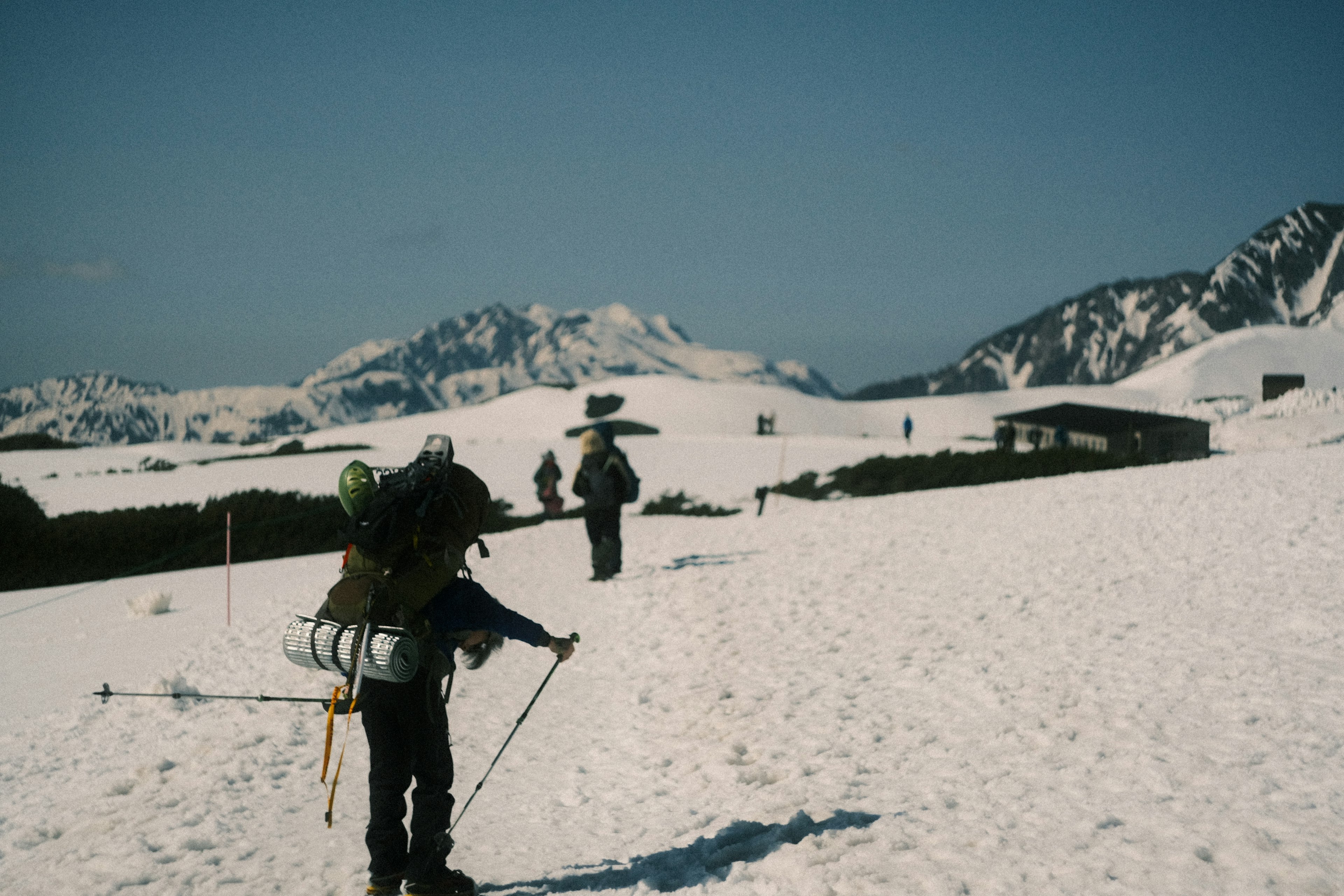 Escursionisti che camminano su un paesaggio innevato con montagne sullo sfondo