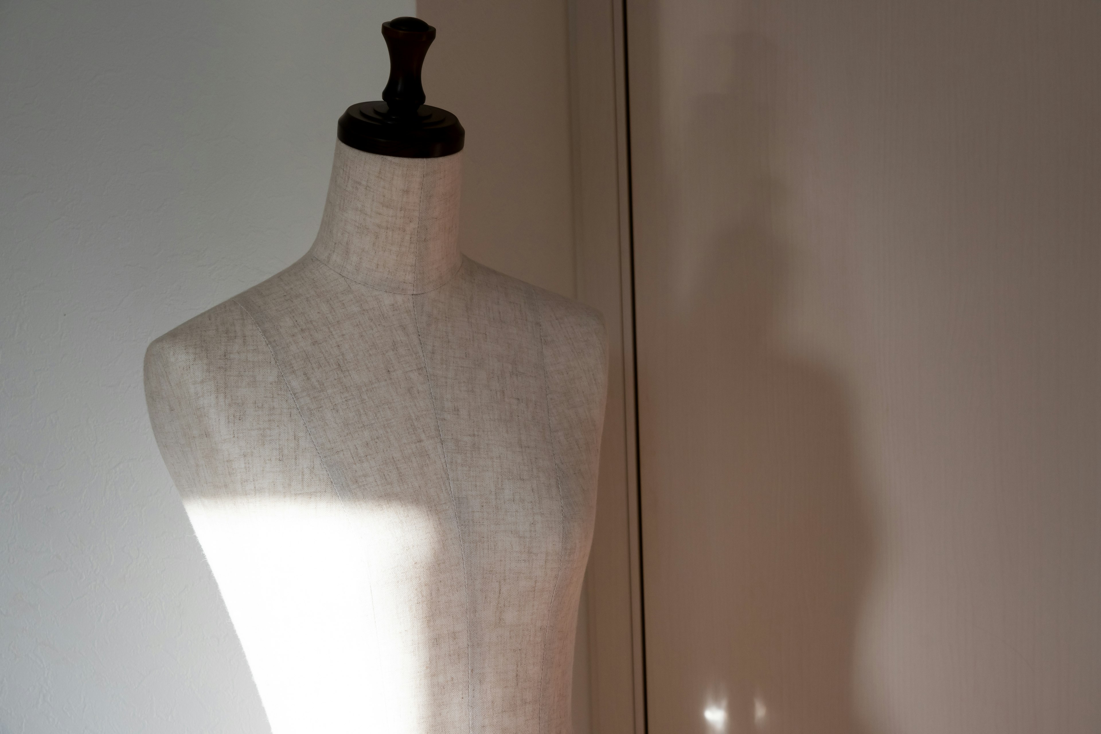 Seitenansicht eines Mannequins, das einen Schatten auf einen schlichten Hintergrund wirft