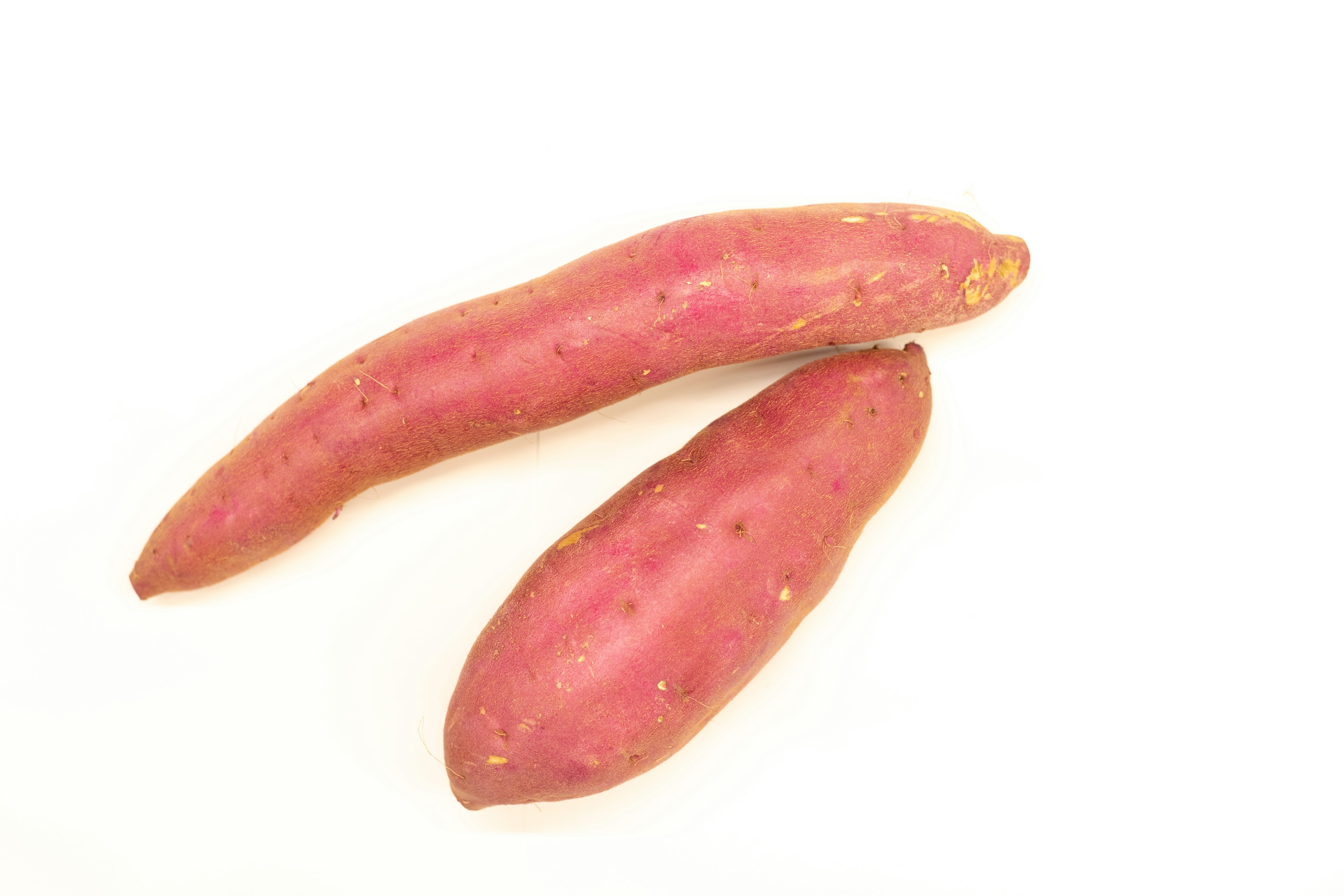 Two sweet potatoes positioned on a white background