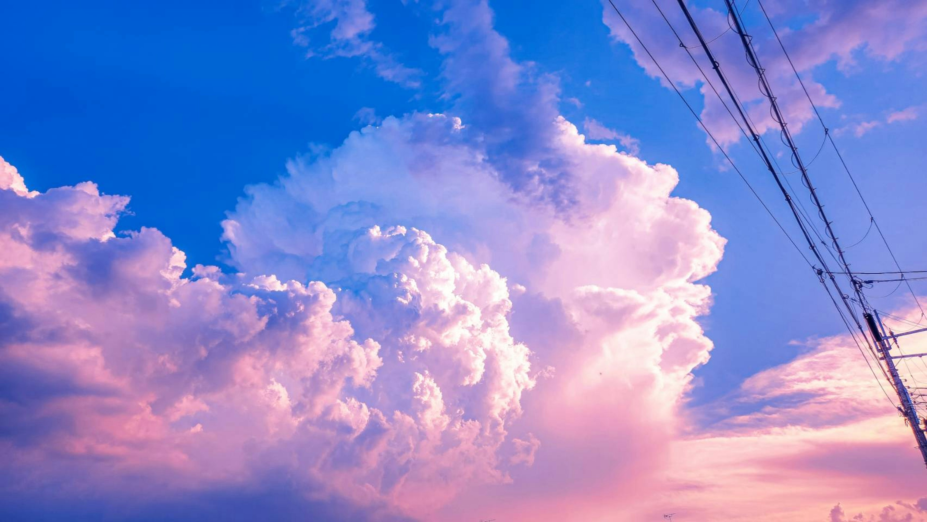 青空に浮かぶピンクの雲と電線の景色