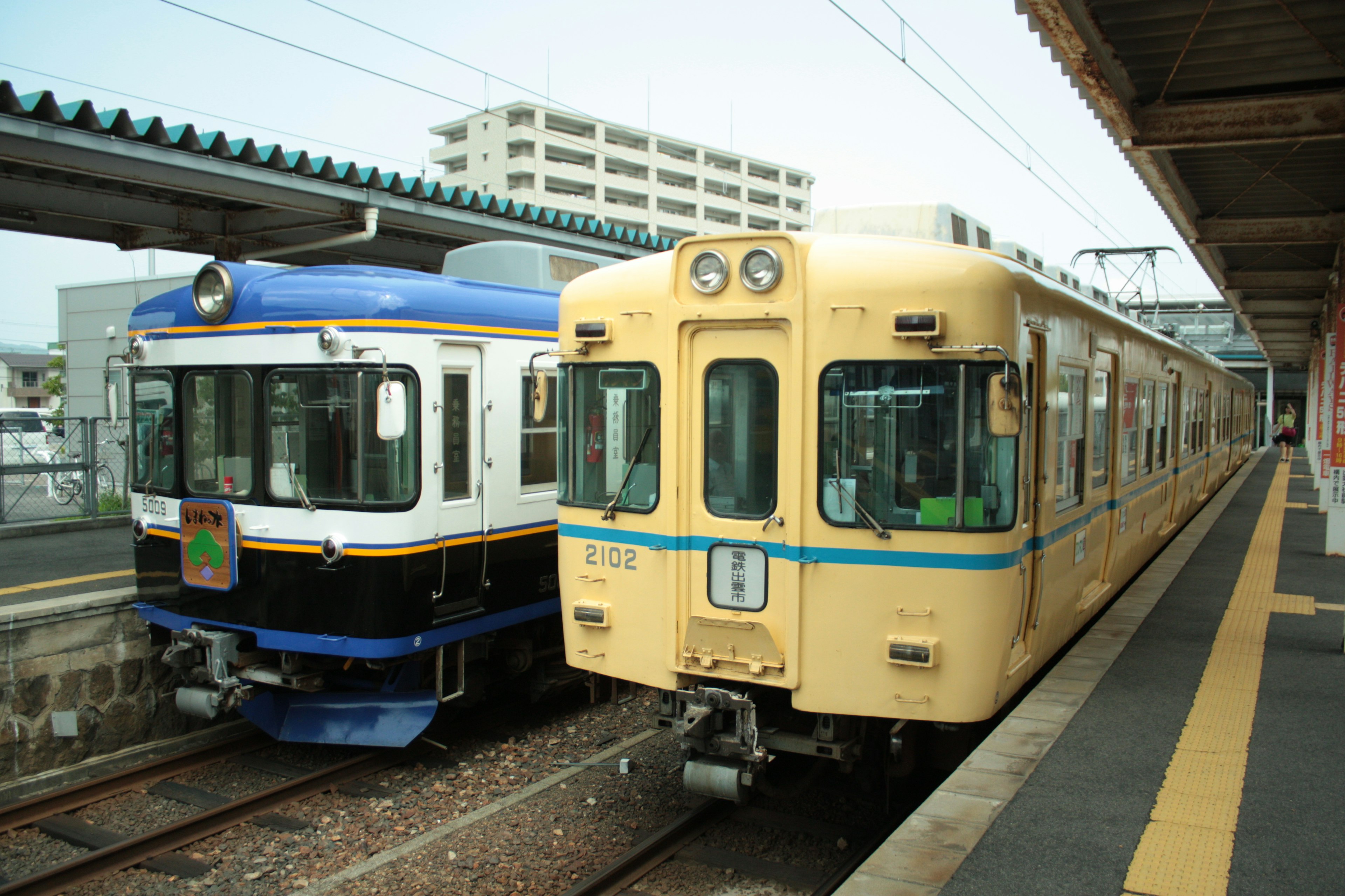 二つの列車が駅で並んでいる様子 青と黄色の車両が特徴