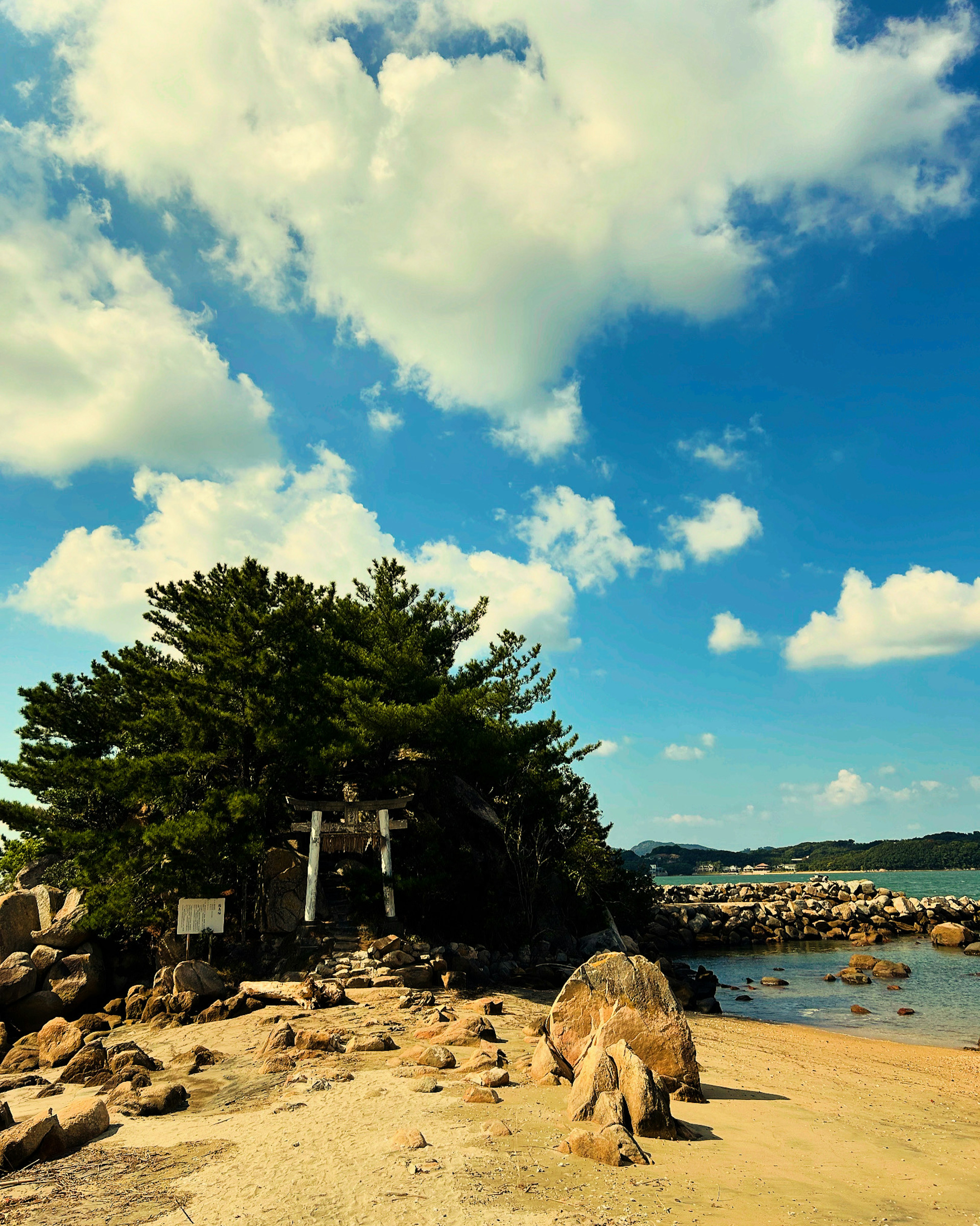 Lanskap pantai dengan langit biru dan awan putih yang menampilkan batu dan pohon pinus