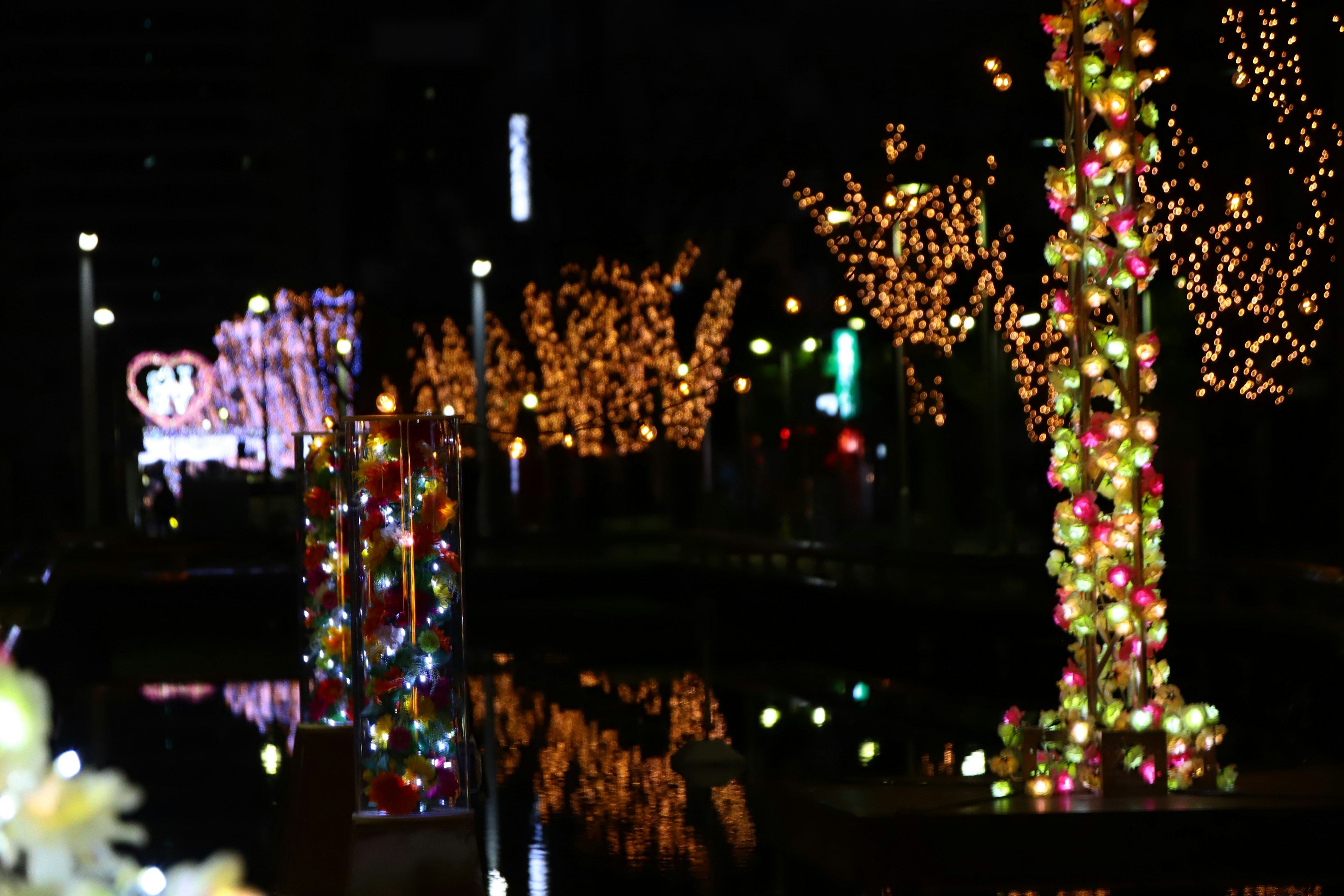 夜の公園に並ぶイルミネーションが映る池の風景