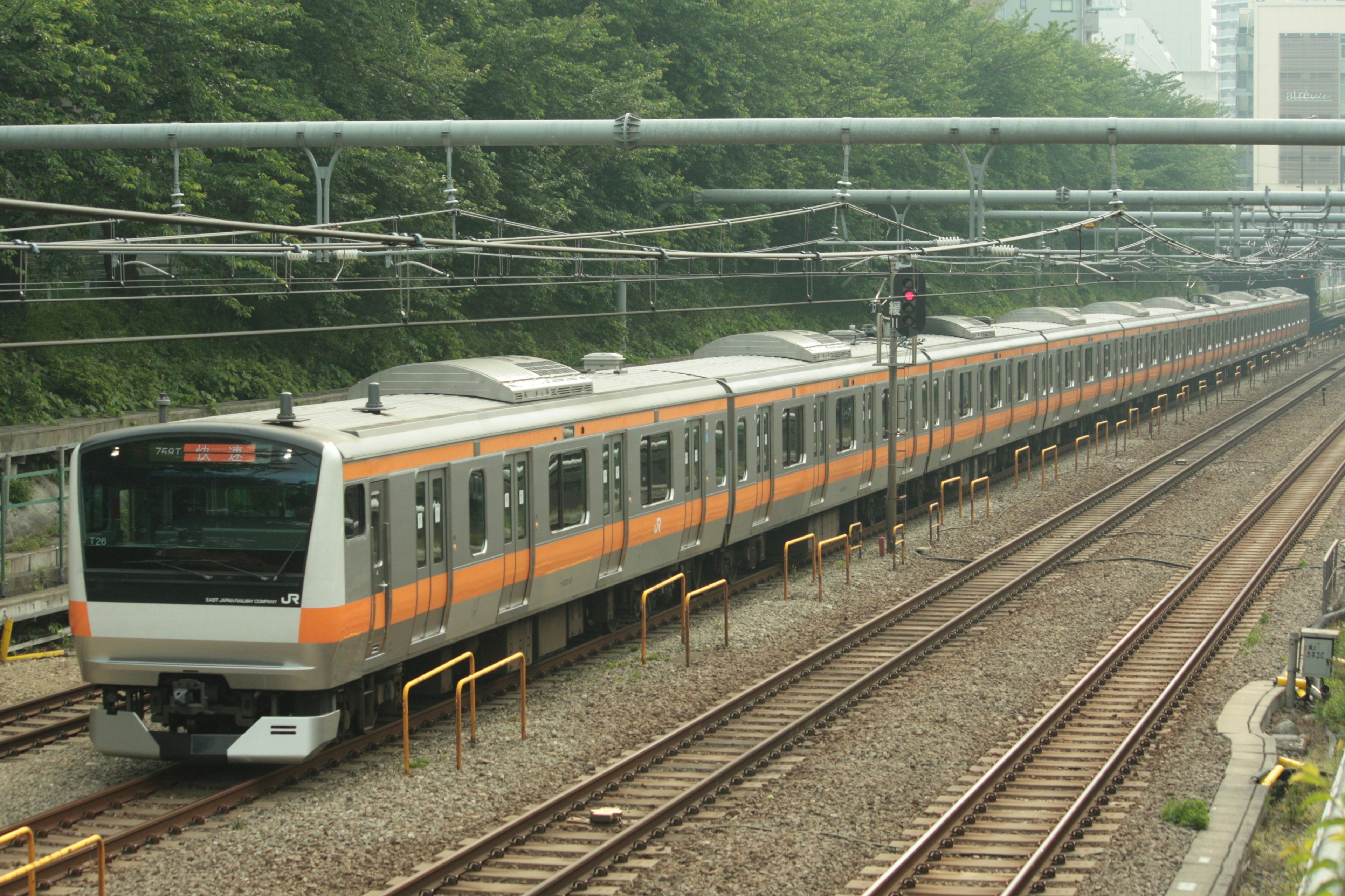 Un long train circulant sur des rails avec des arbres verts en arrière-plan