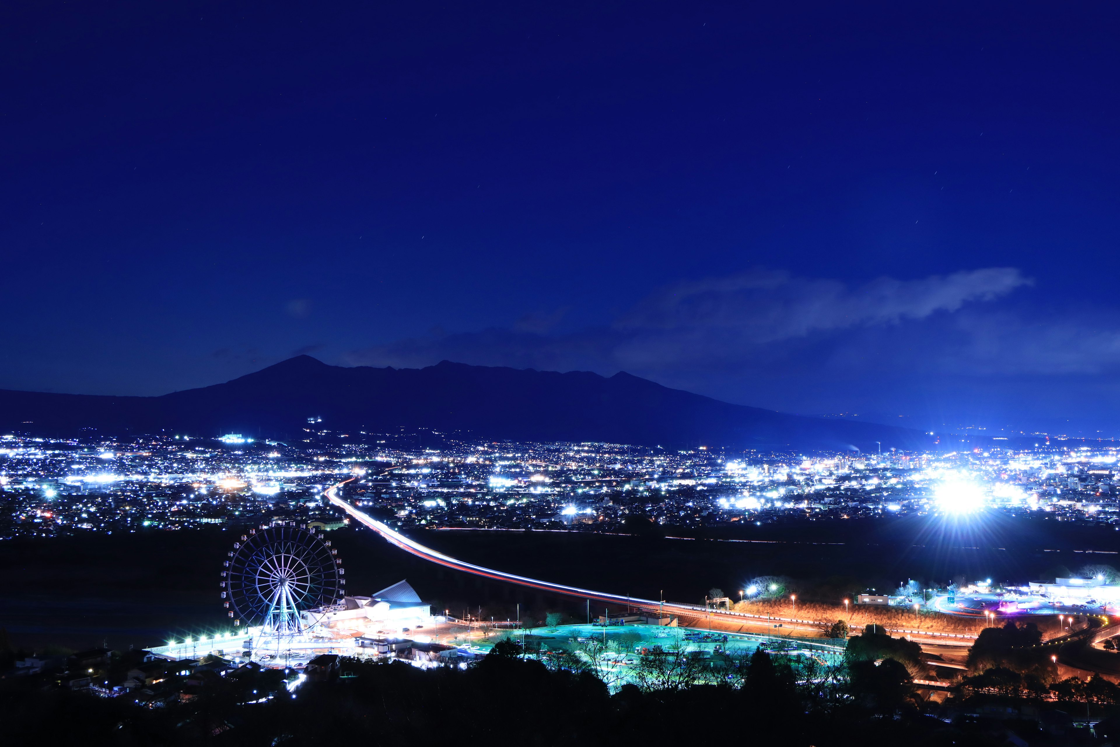 Vista notturna con ruota panoramica e luci della città