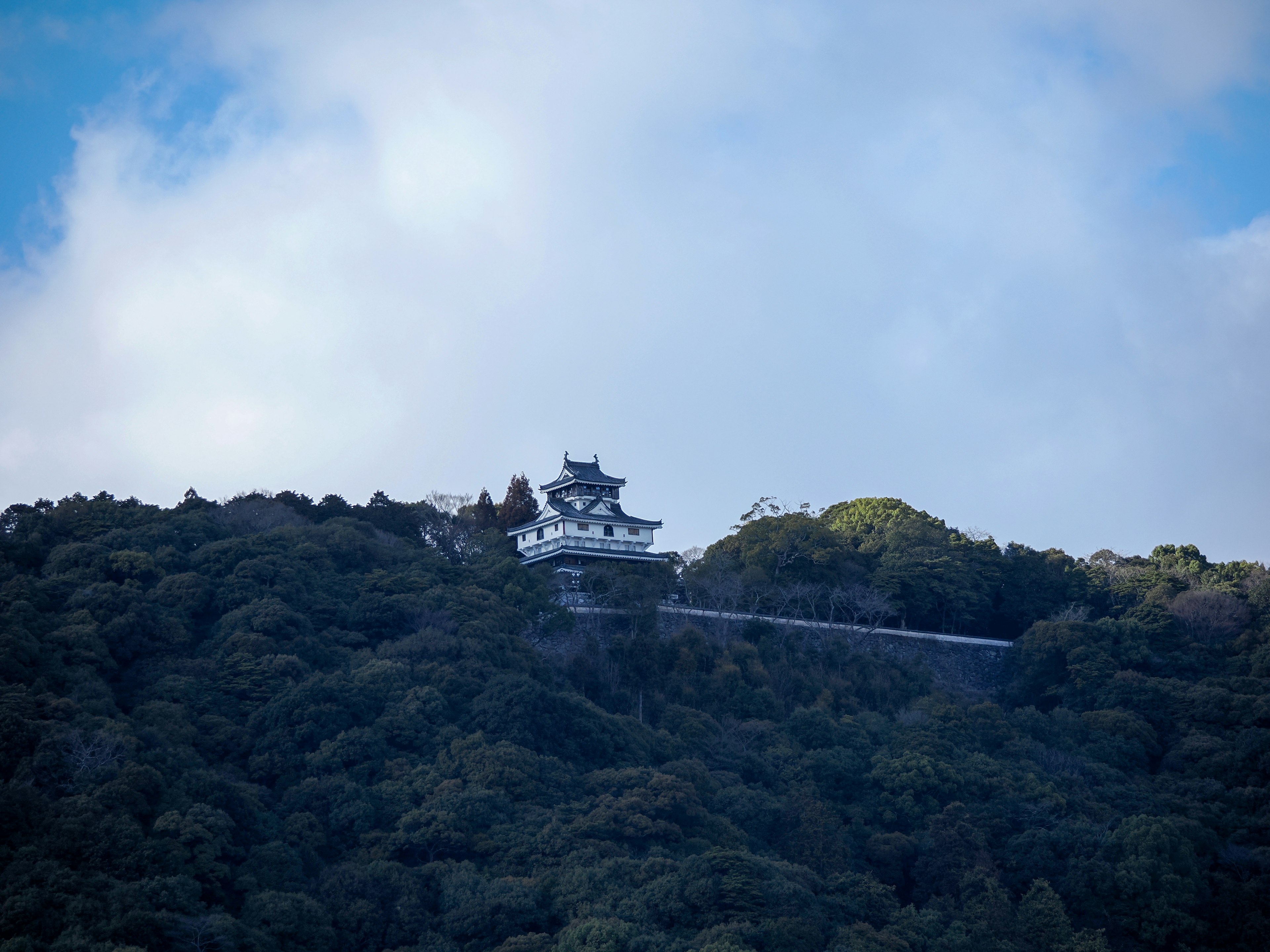 Vista escénica de un hermoso castillo ubicado en una montaña con un fondo de cielo nublado