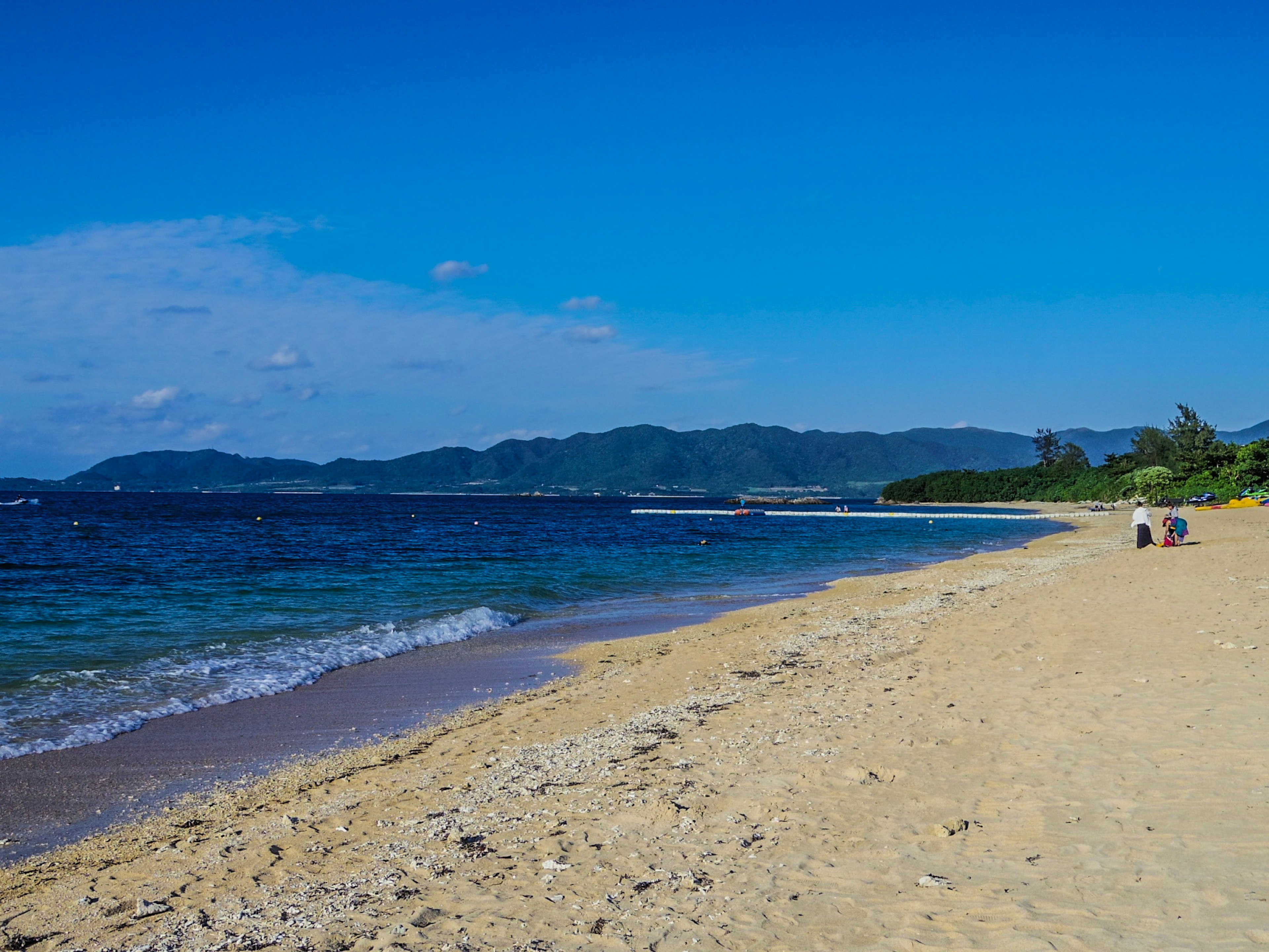 Vista panoramica di una spiaggia con cielo blu e oceano riva sabbiosa con persone che camminano