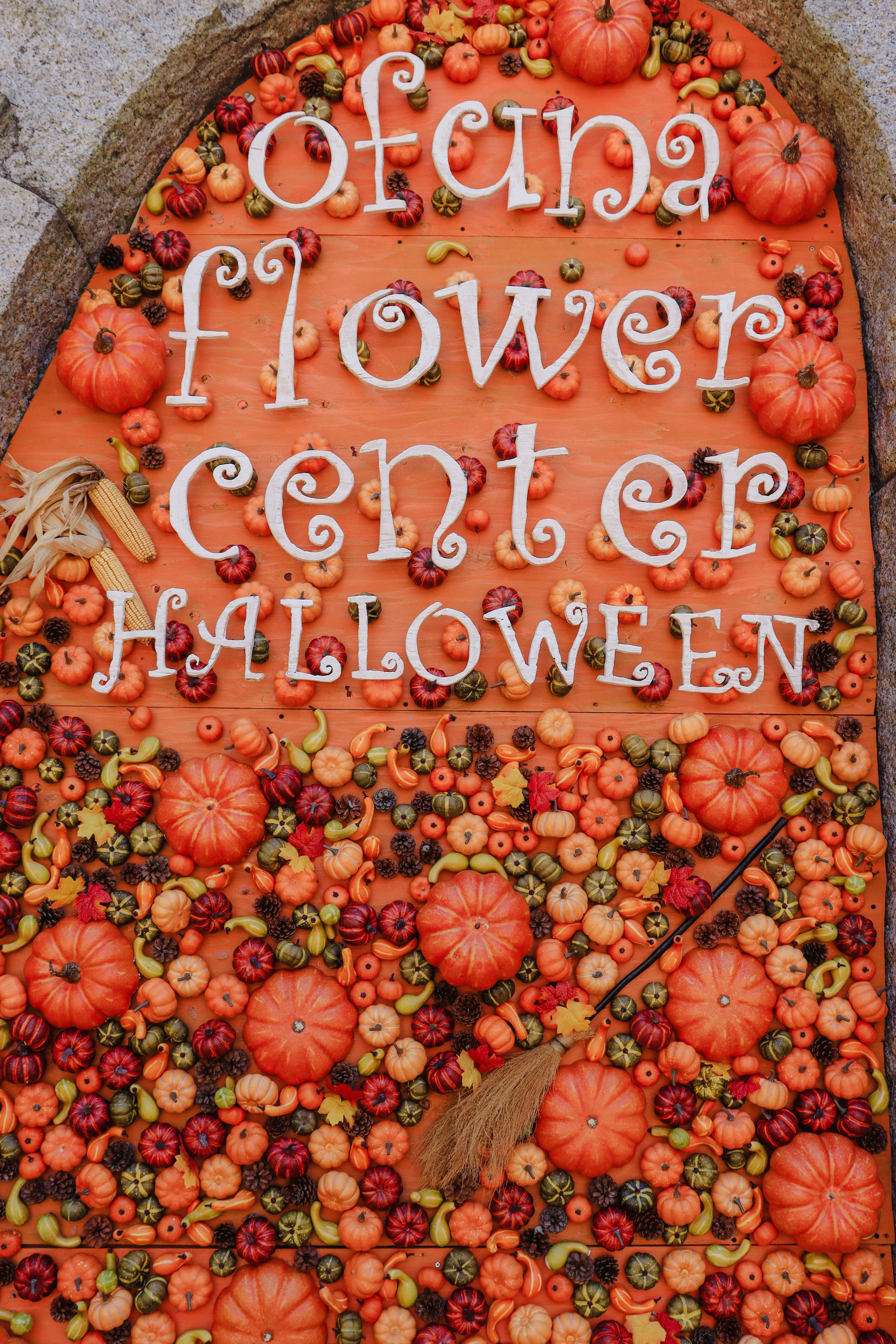 Halloween-Dekoration des Ofina Flower Centers mit kleinen Kürbissen und bunten Perlen