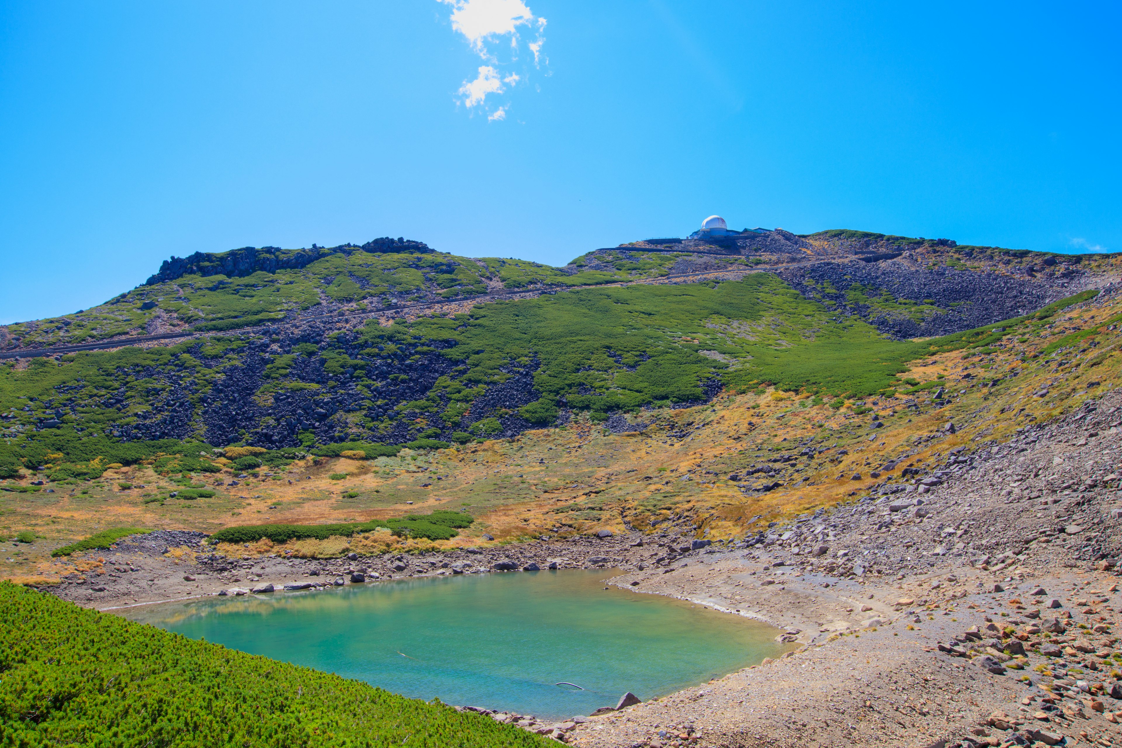 Paisaje con una montaña verde y un pequeño lago bajo un cielo azul