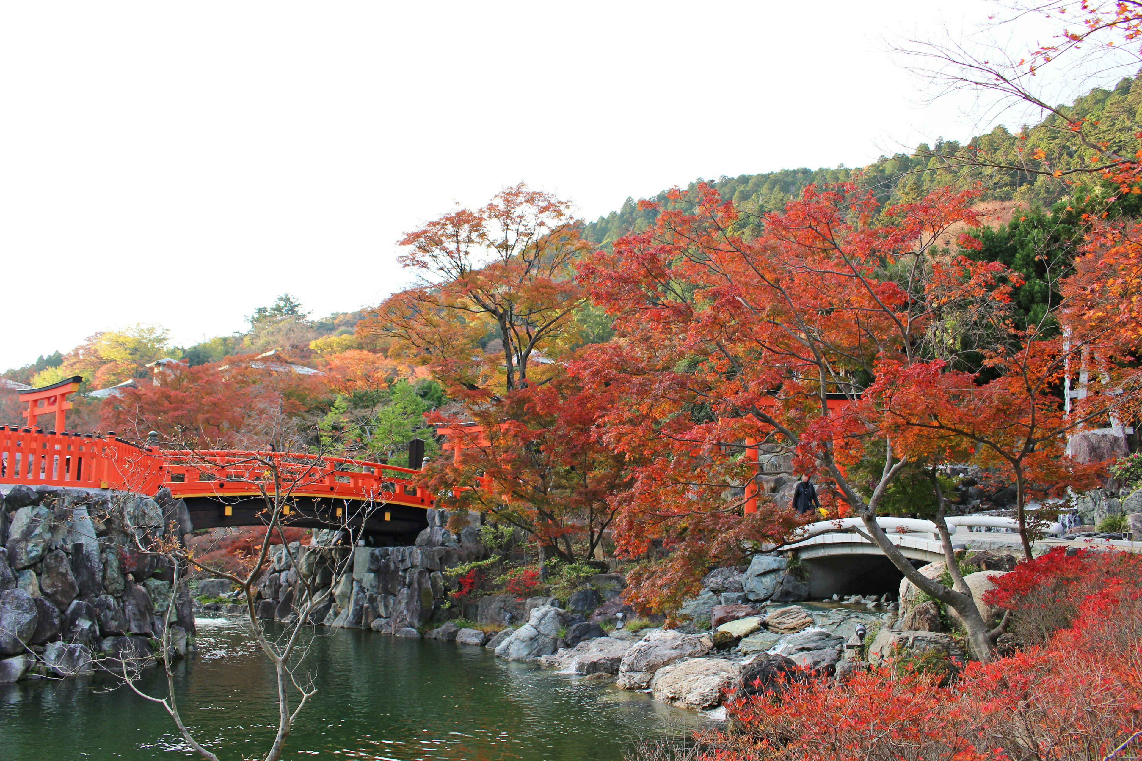 Paisaje con follaje otoñal vibrante y un puente rojo