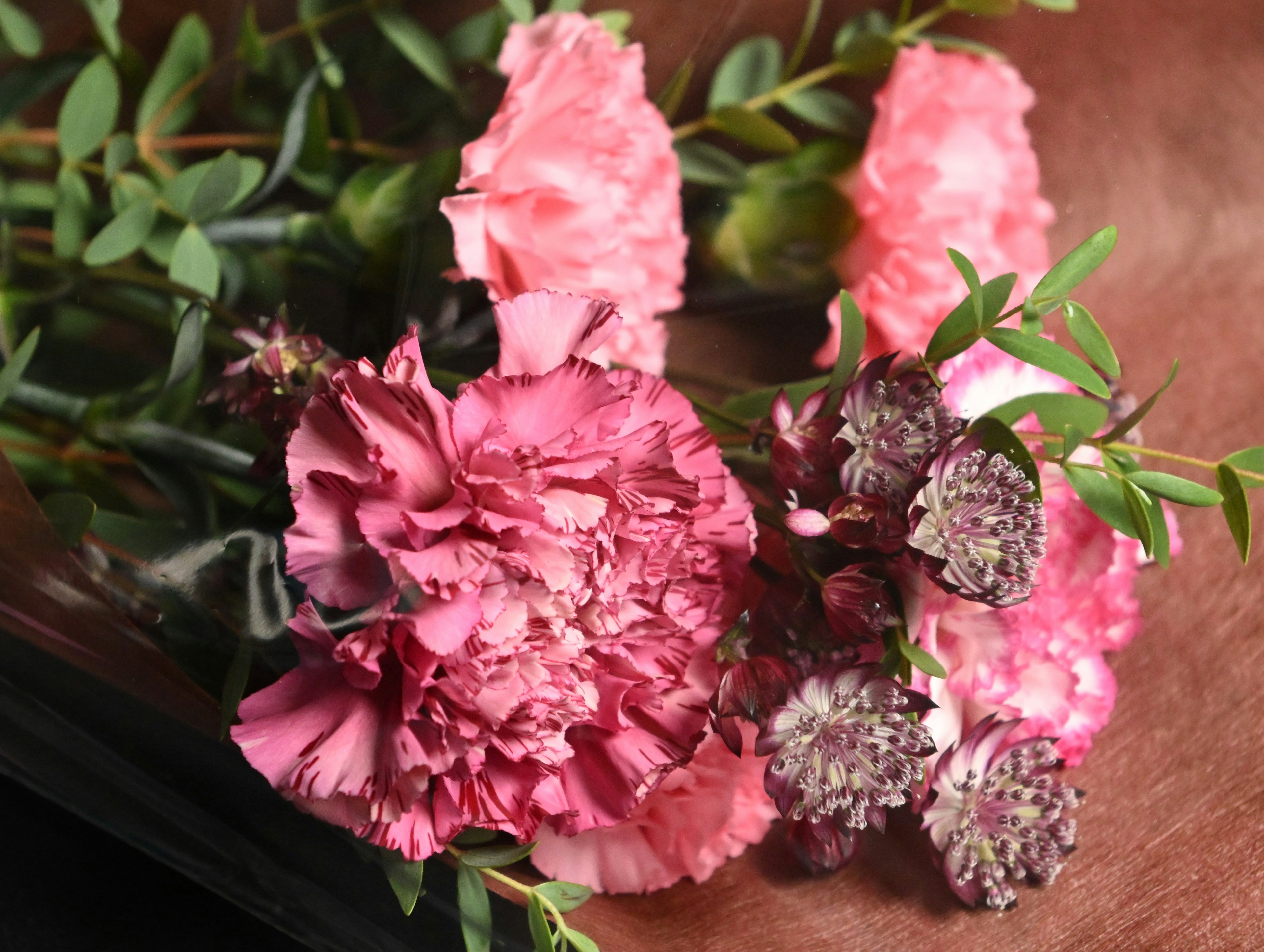 Un beau bouquet avec des œillets roses et des feuilles vertes