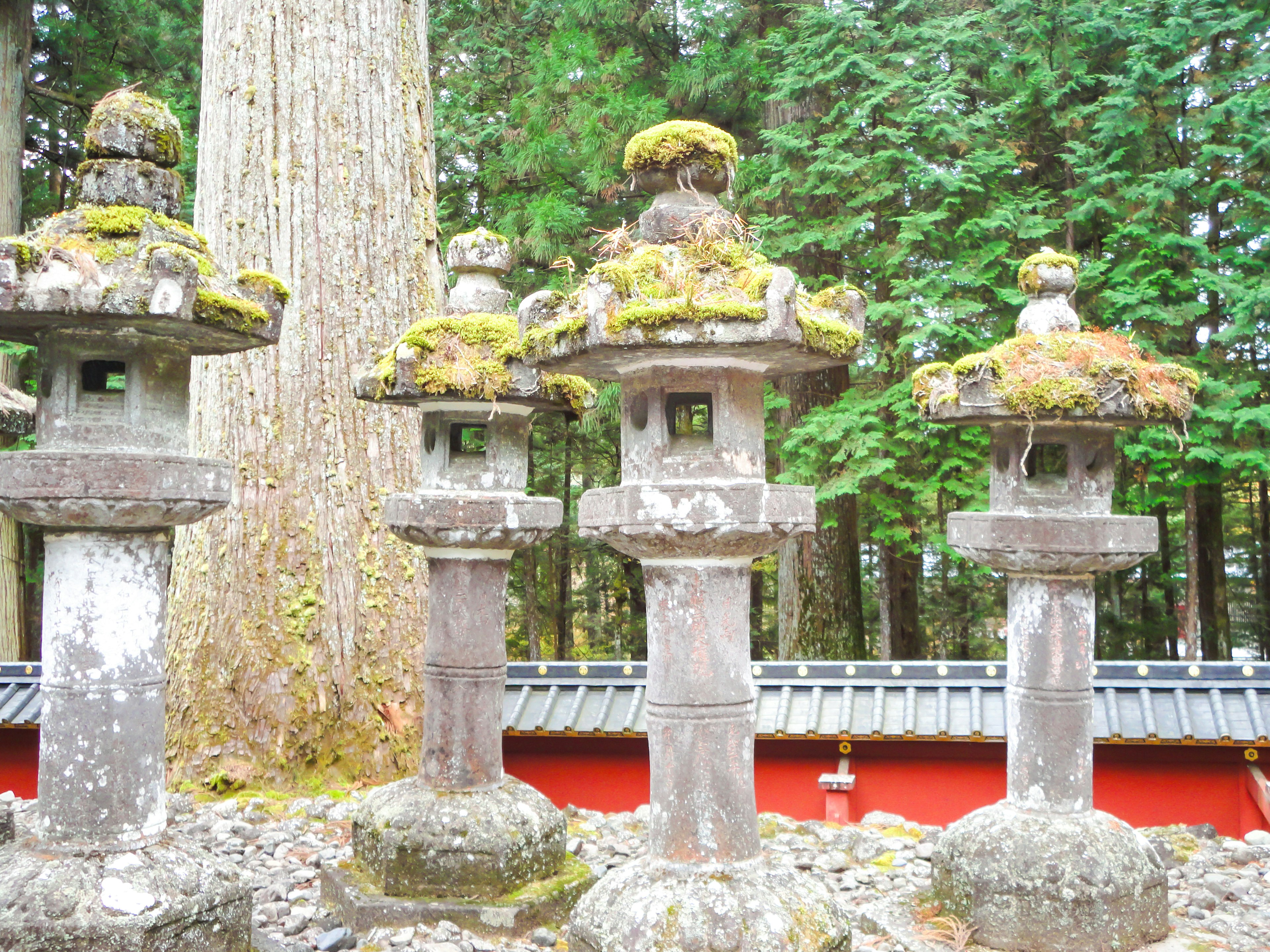 Stone lanterns covered in moss with a backdrop of green trees and a red roof