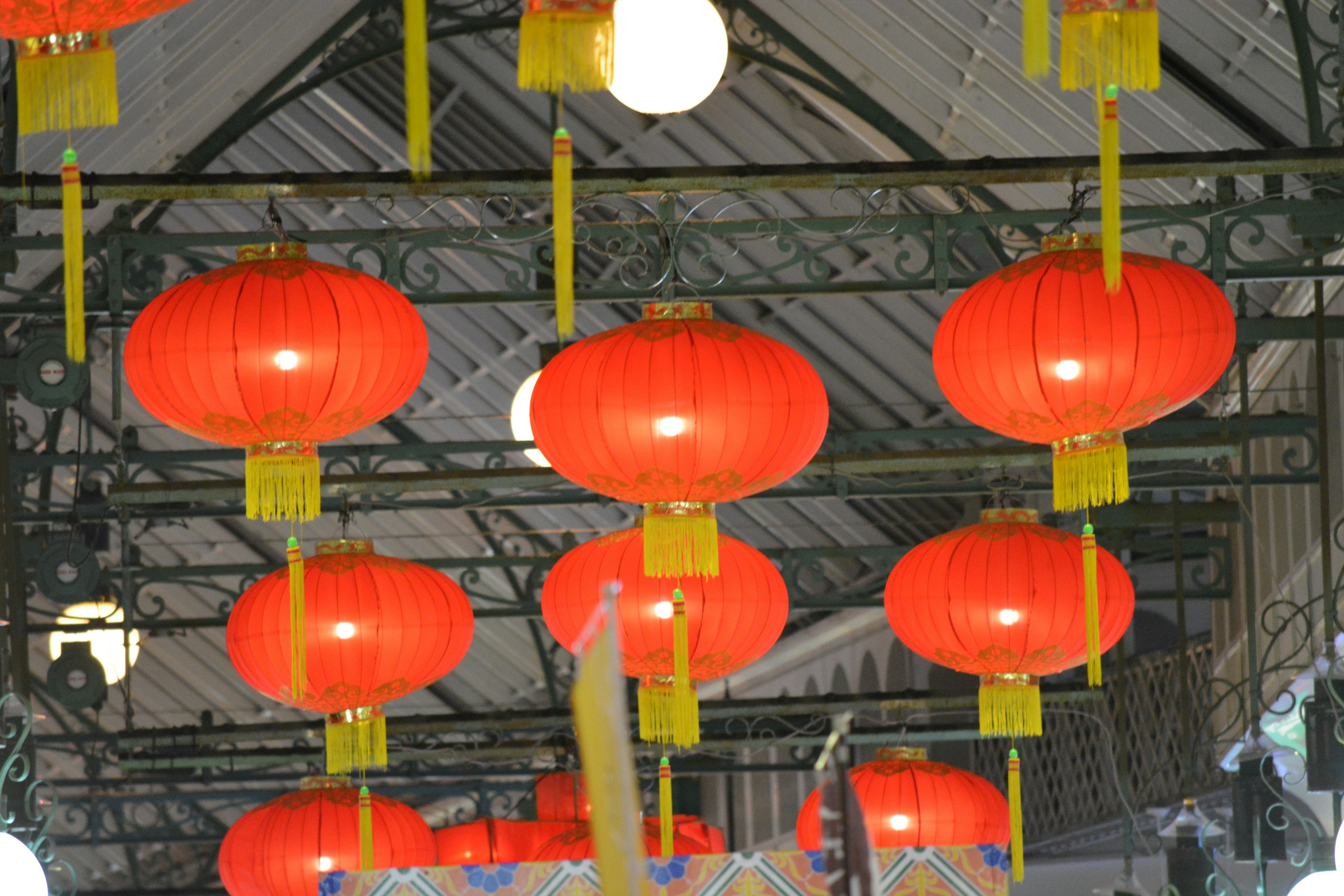 Indoor scene with hanging red lanterns