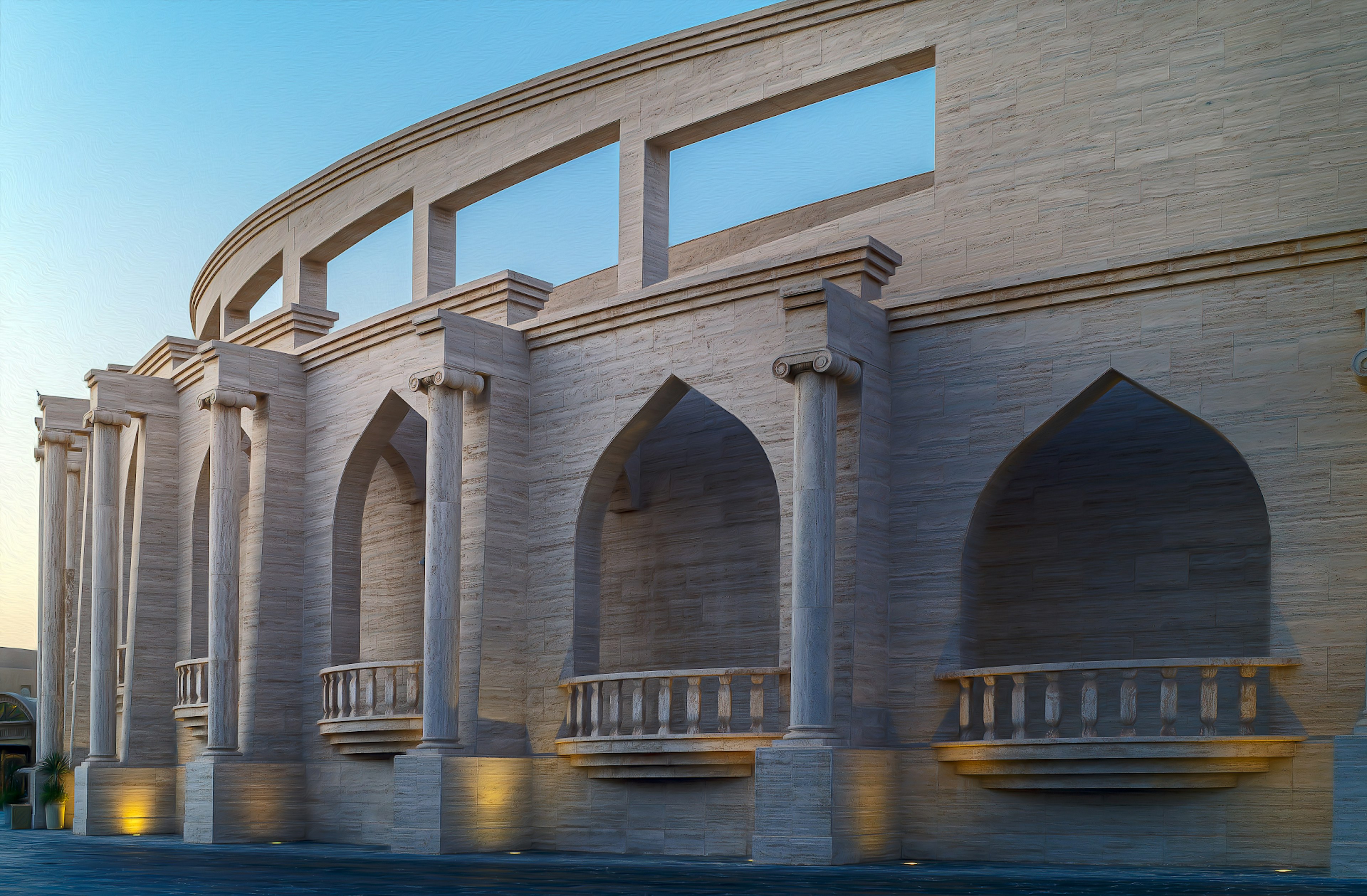 Exterior view of a modern coliseum featuring arch-shaped windows