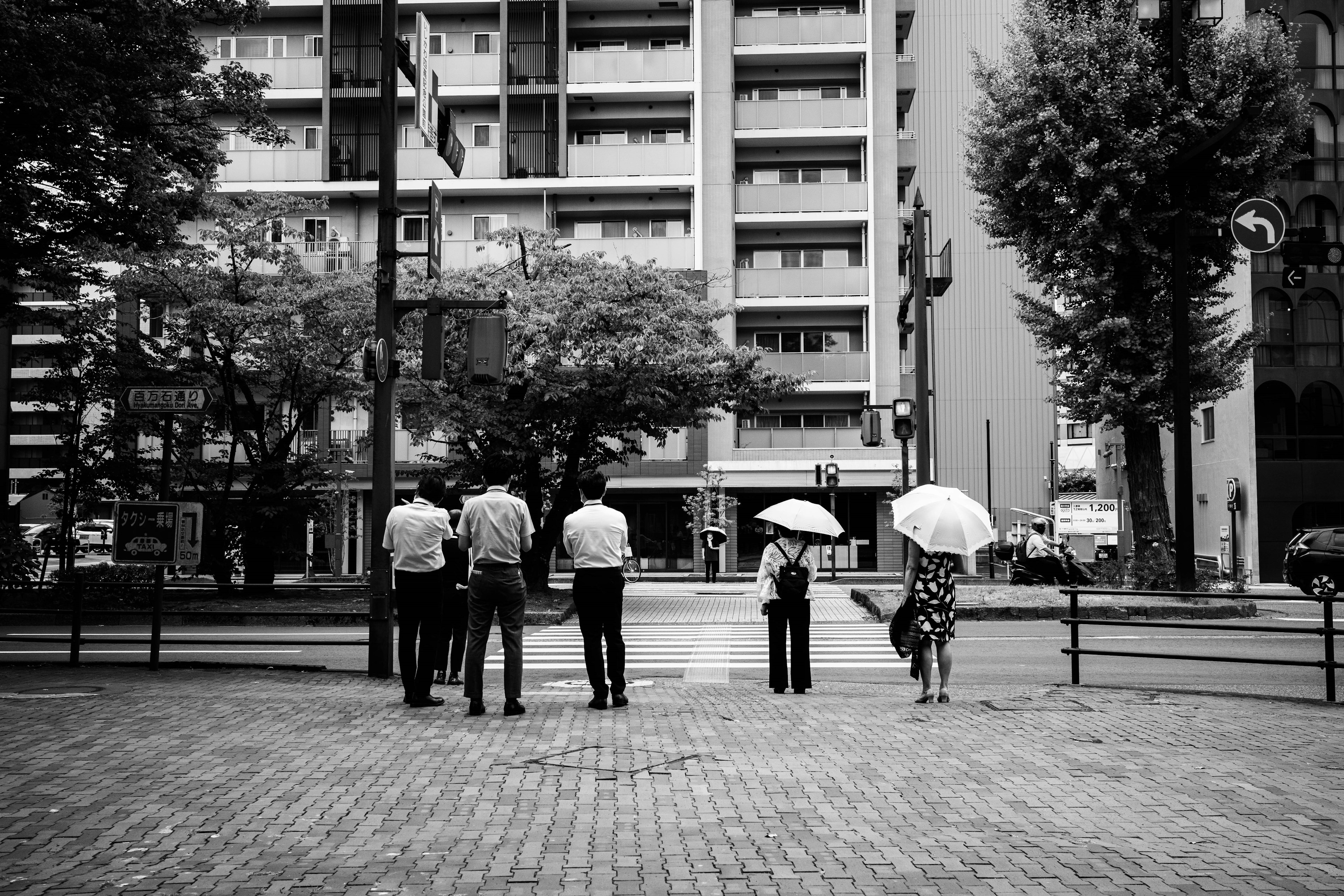 A black and white scene of people standing at a street corner holding umbrellas