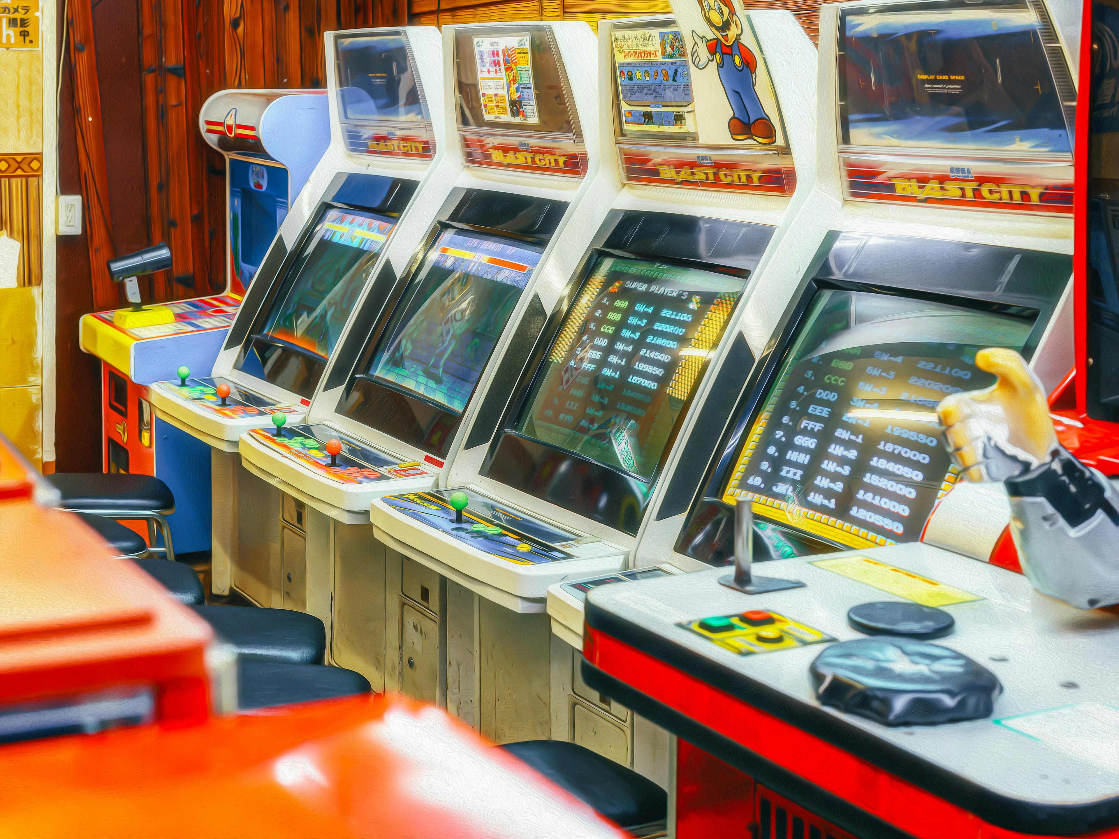 Interior de una arcade retro con múltiples máquinas de juego