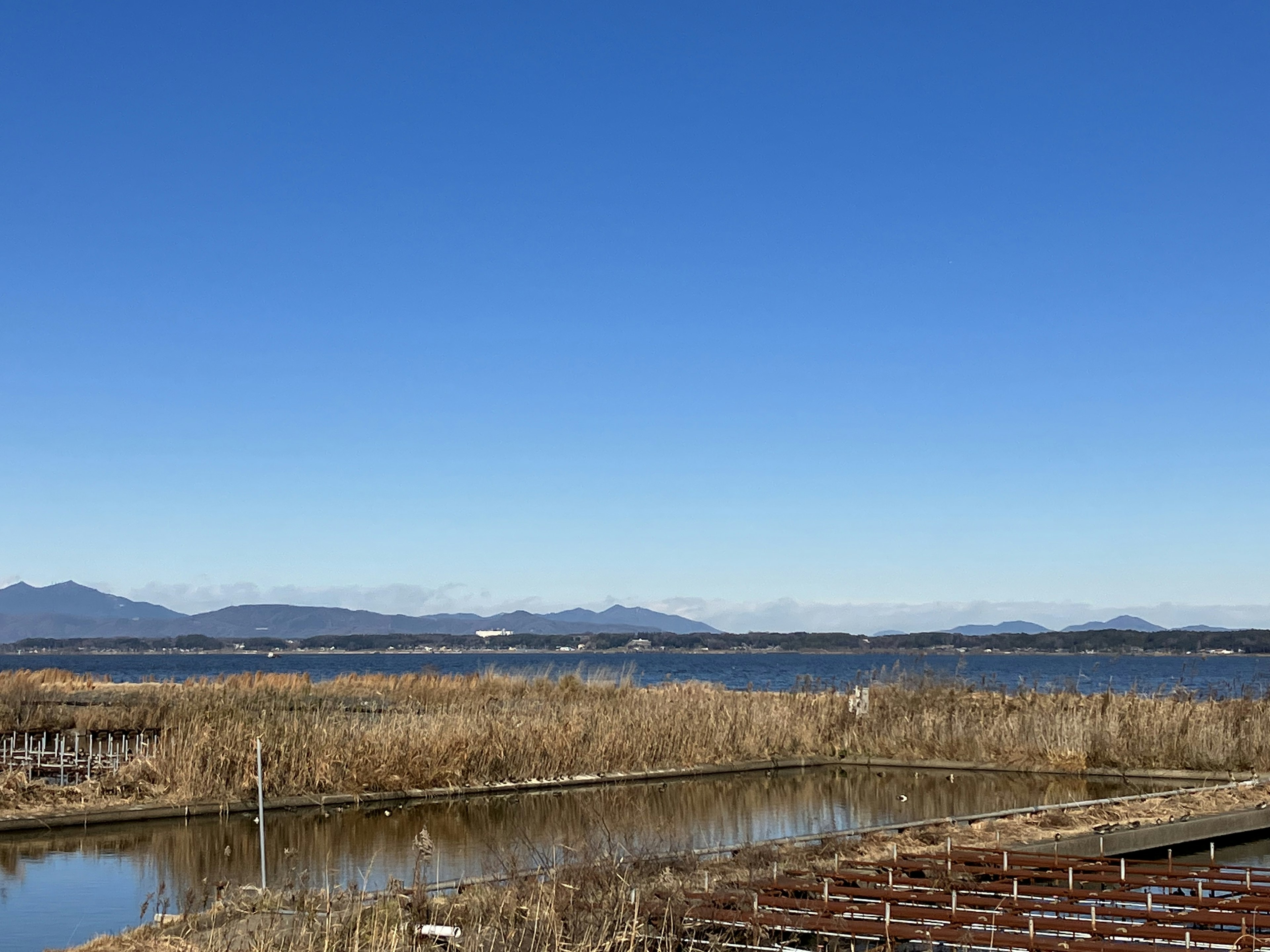 Vista panoramica con cielo azzurro, specchio d'acqua, montagne lontane e erba secca