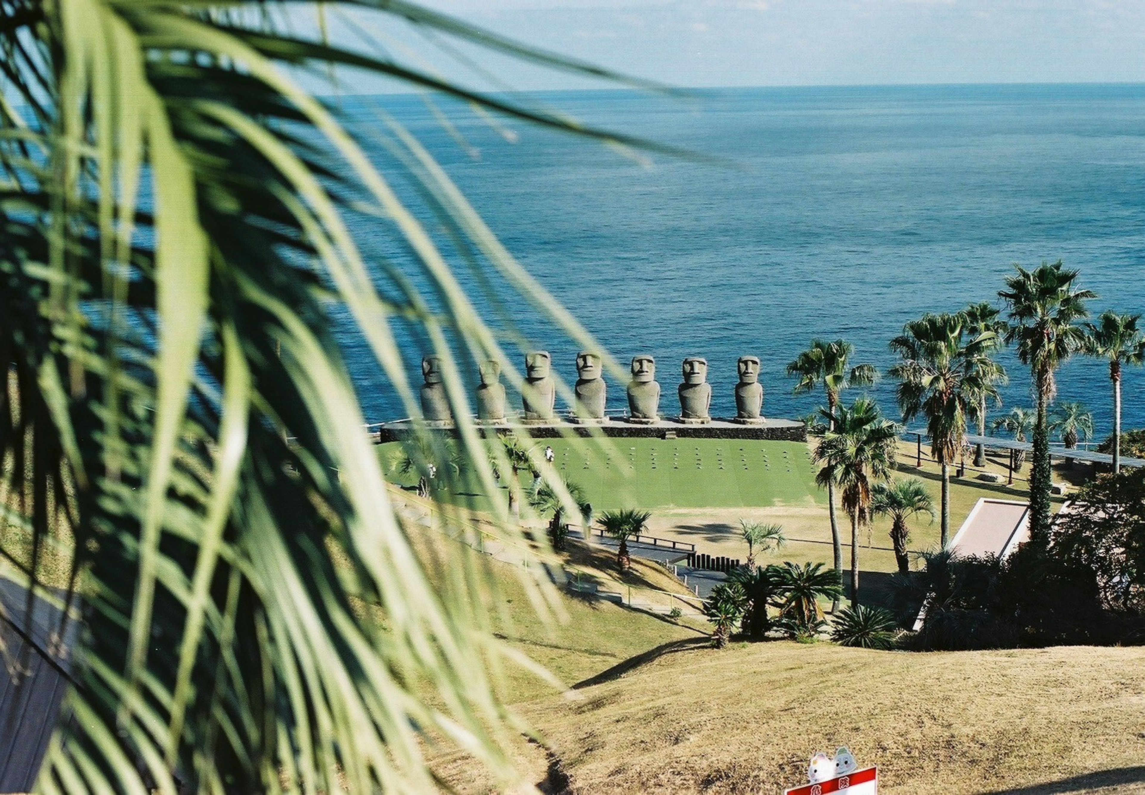 Vue de l'océan avec des statues Moai herbe verte et palmiers