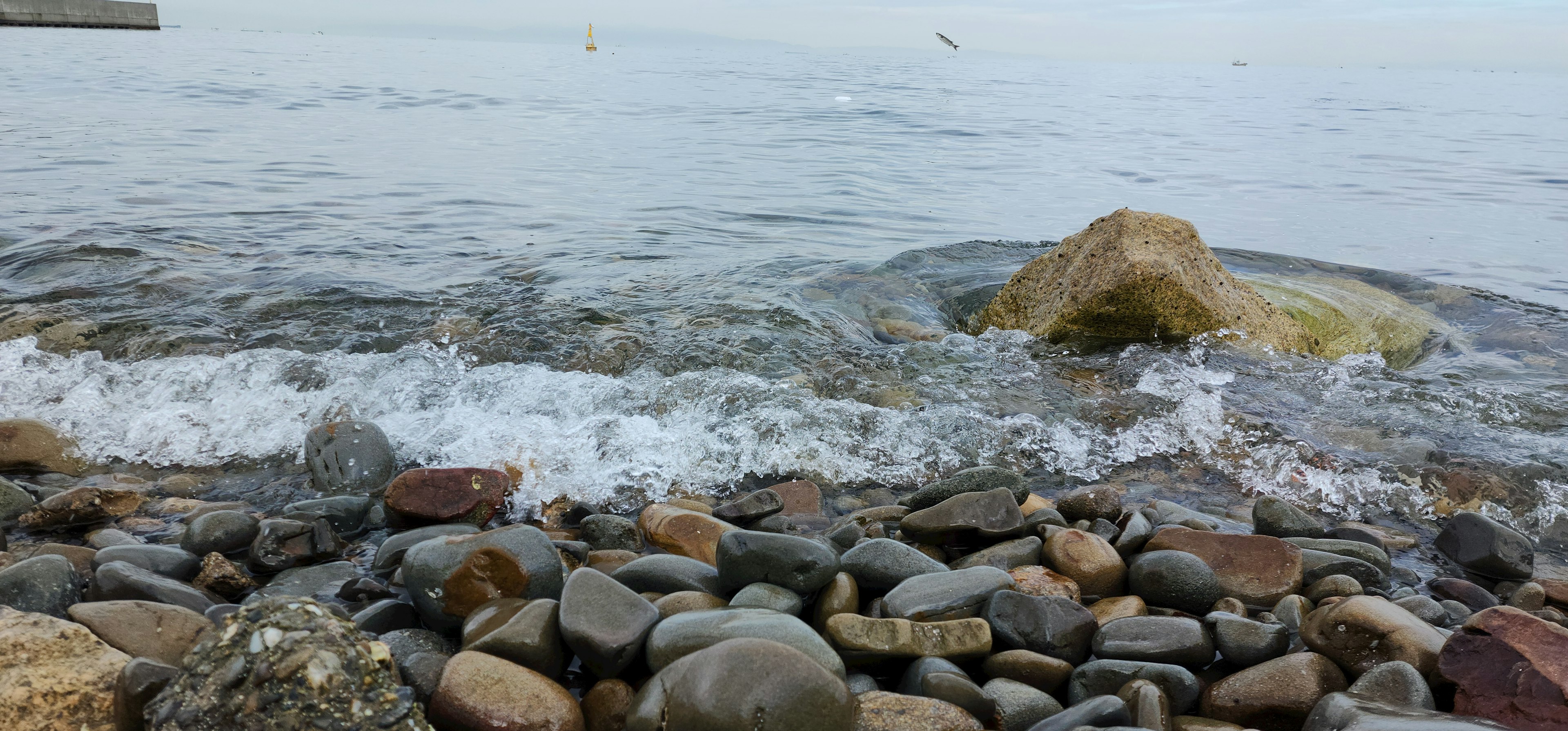 Steine und Wellen am Ufer