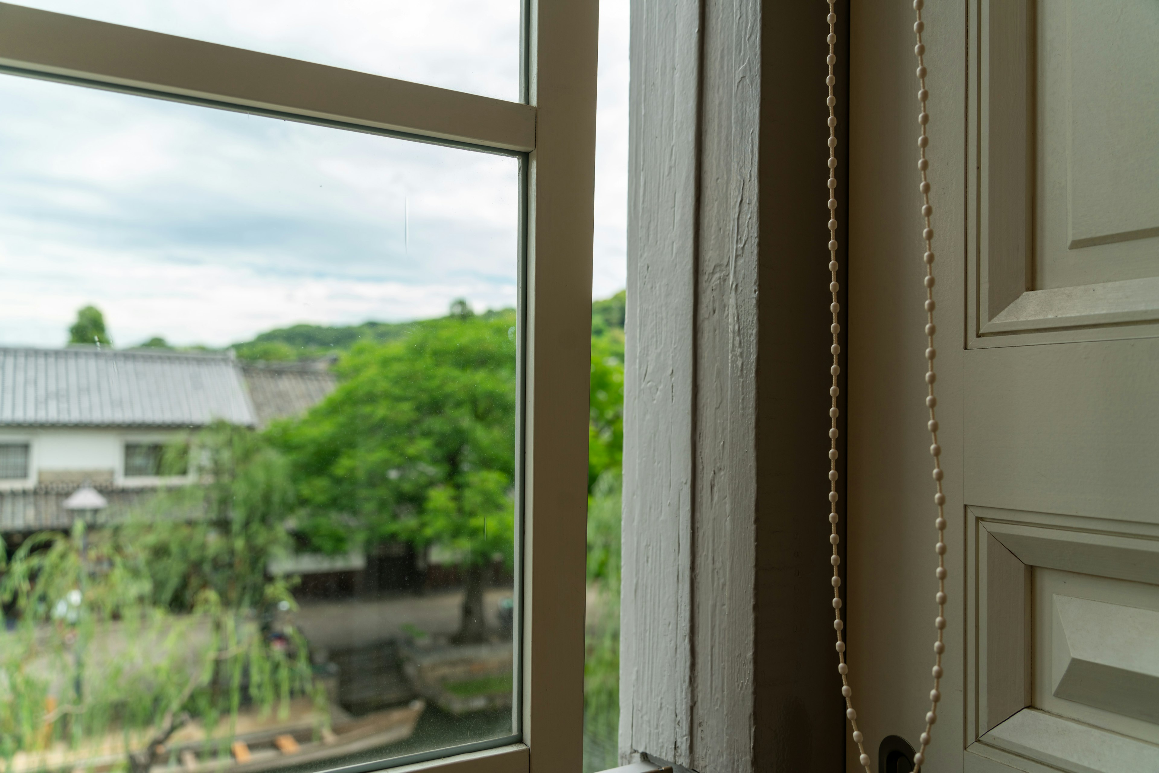 Aussicht auf üppiges Grün und bewölkten Himmel von einem Fenster