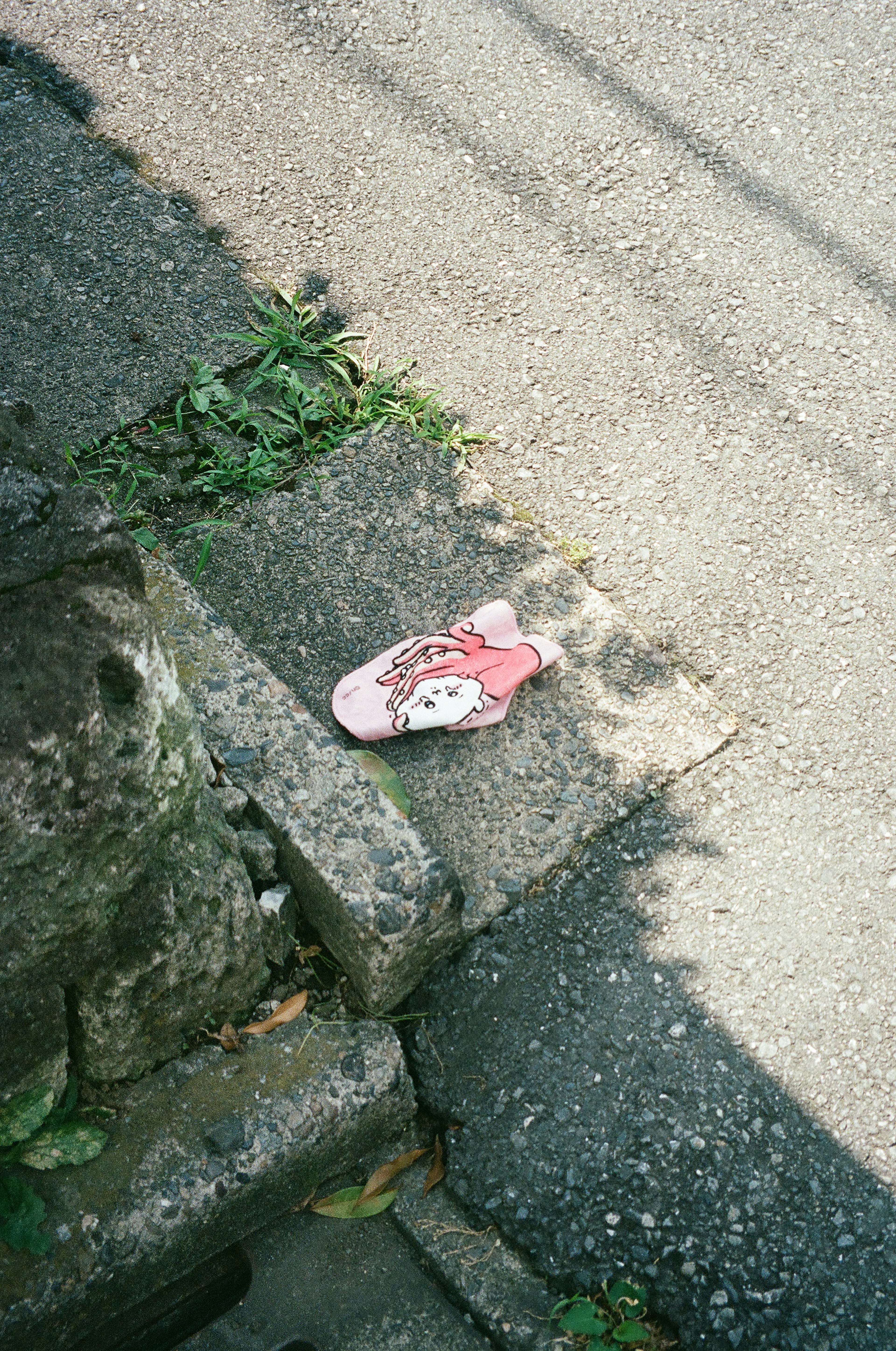 道路のそばに置かれたピンク色のサンダル