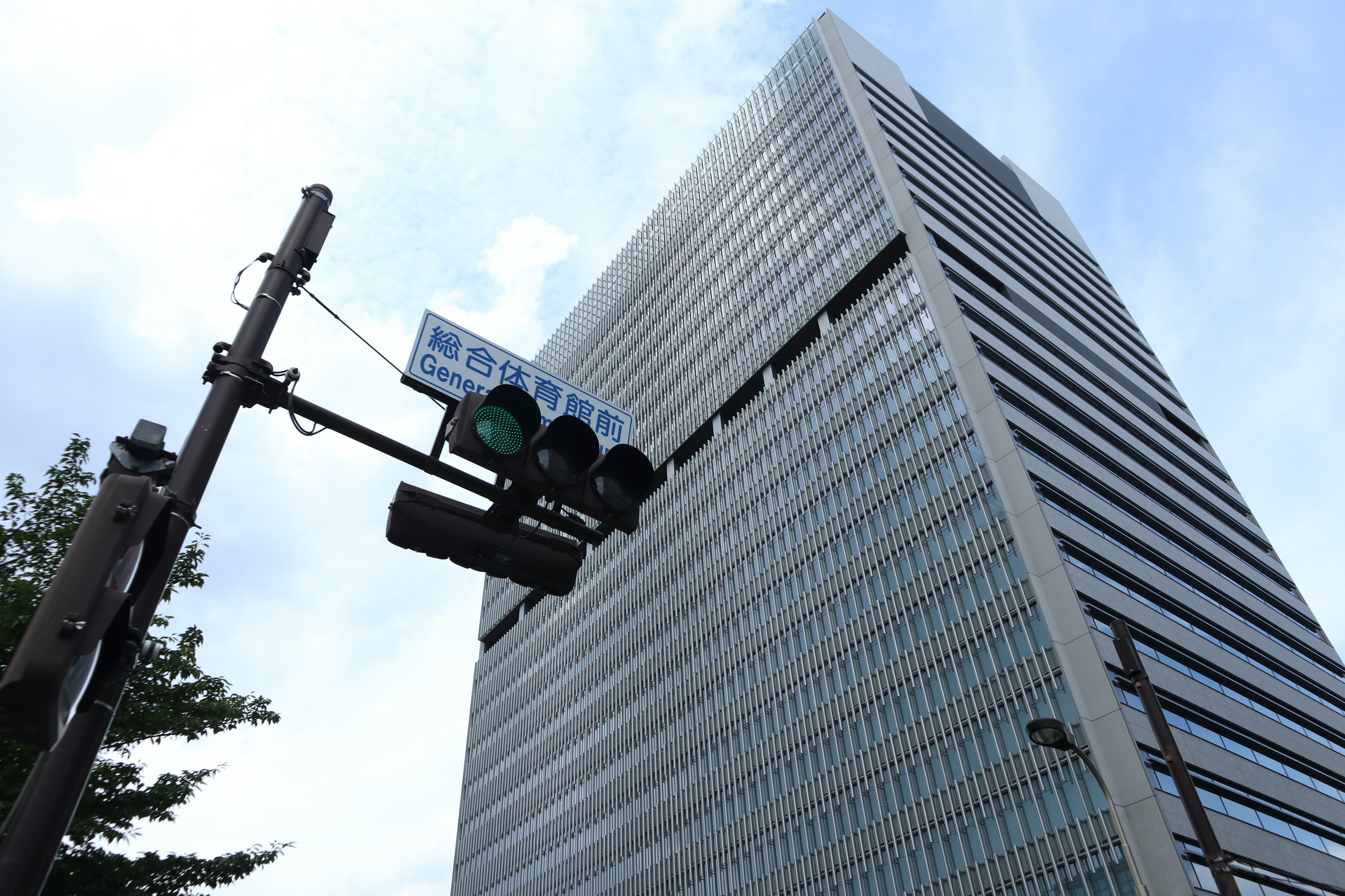 高層ビルと信号機の低角度からの視点