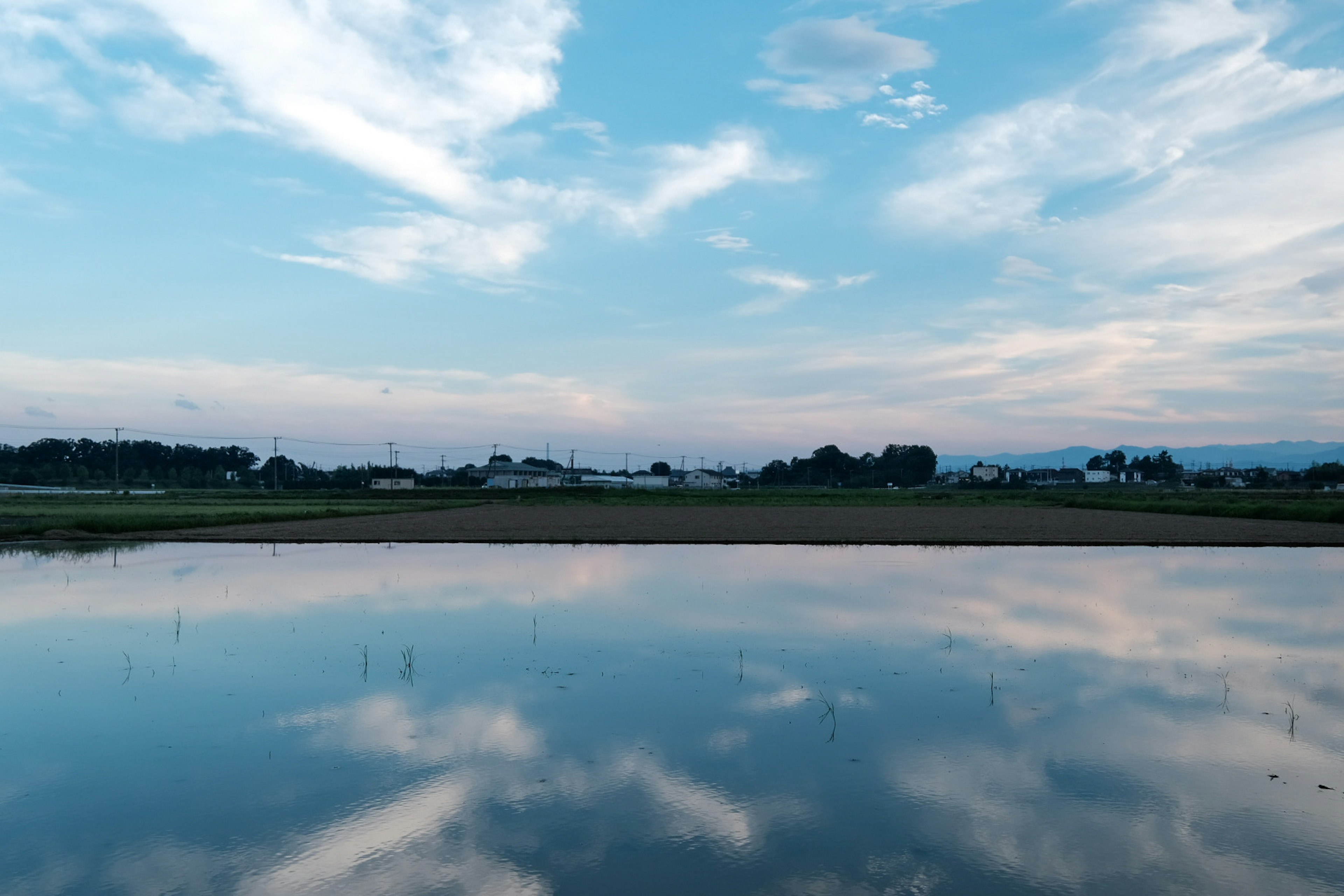 Pemandangan sawah tenang yang memantulkan langit biru dan awan