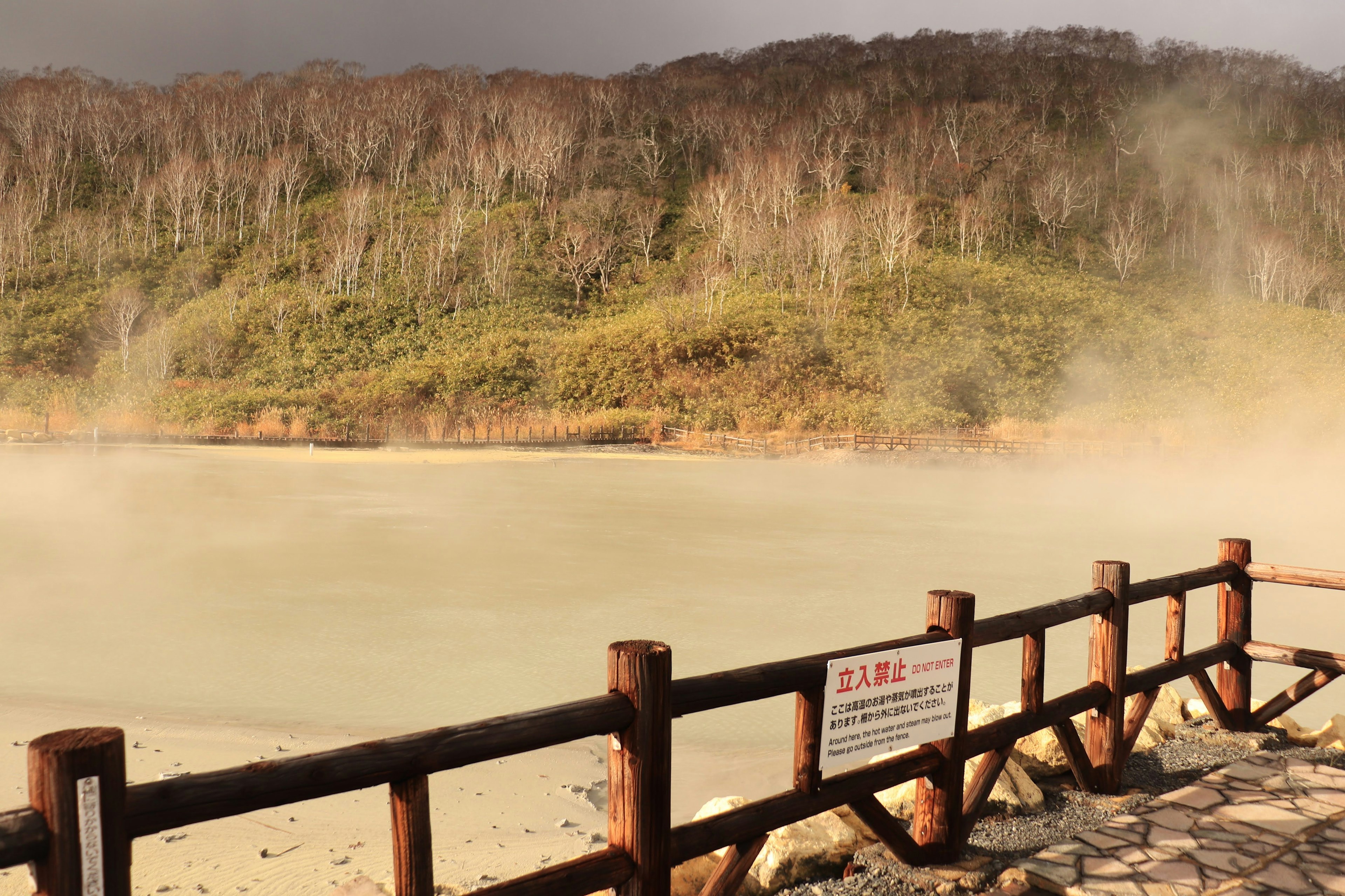 Vista panoramica di una sorgente termale con vapore e una recinzione in legno