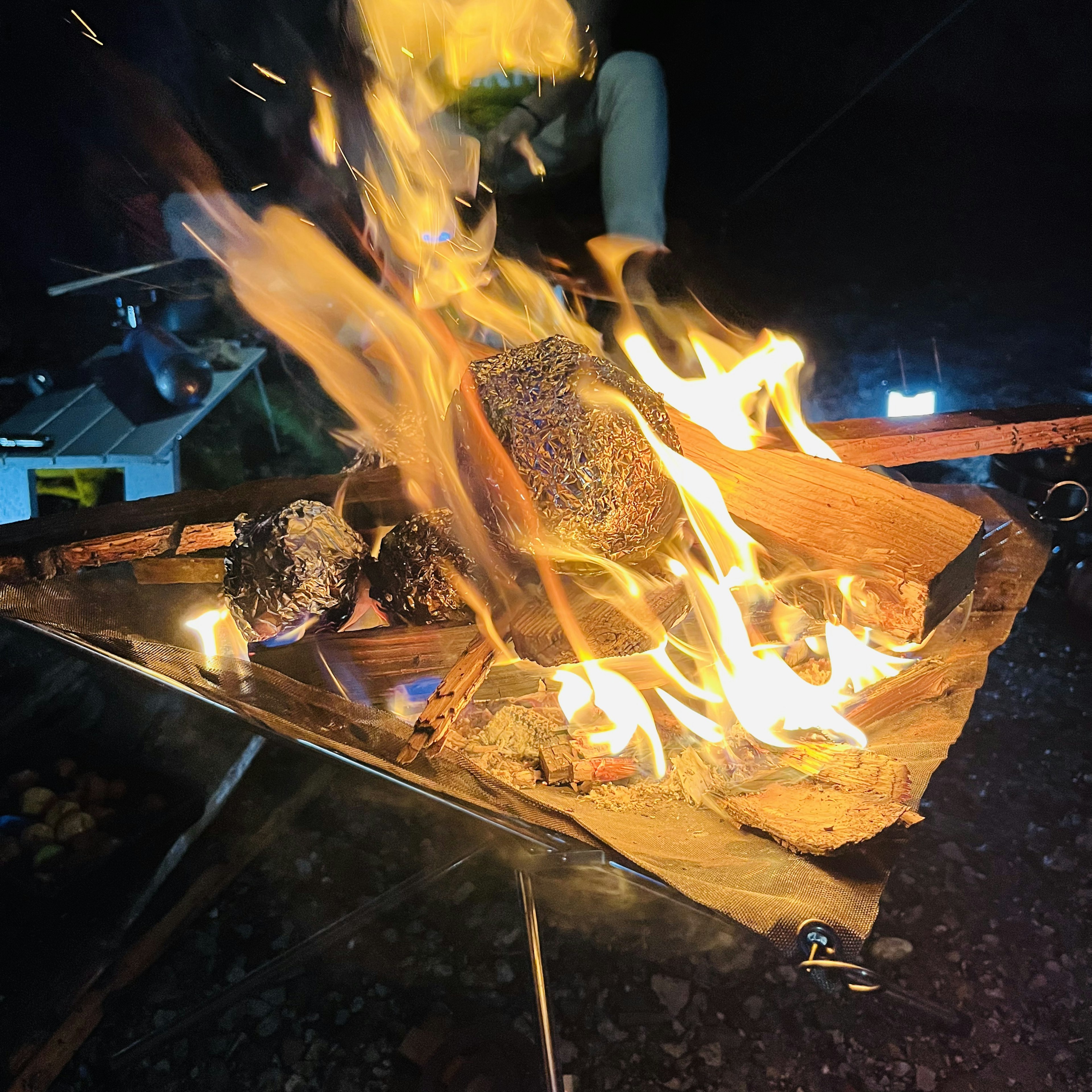 Un feu de camp vibrant avec des flammes brillantes et des braises incandescentes