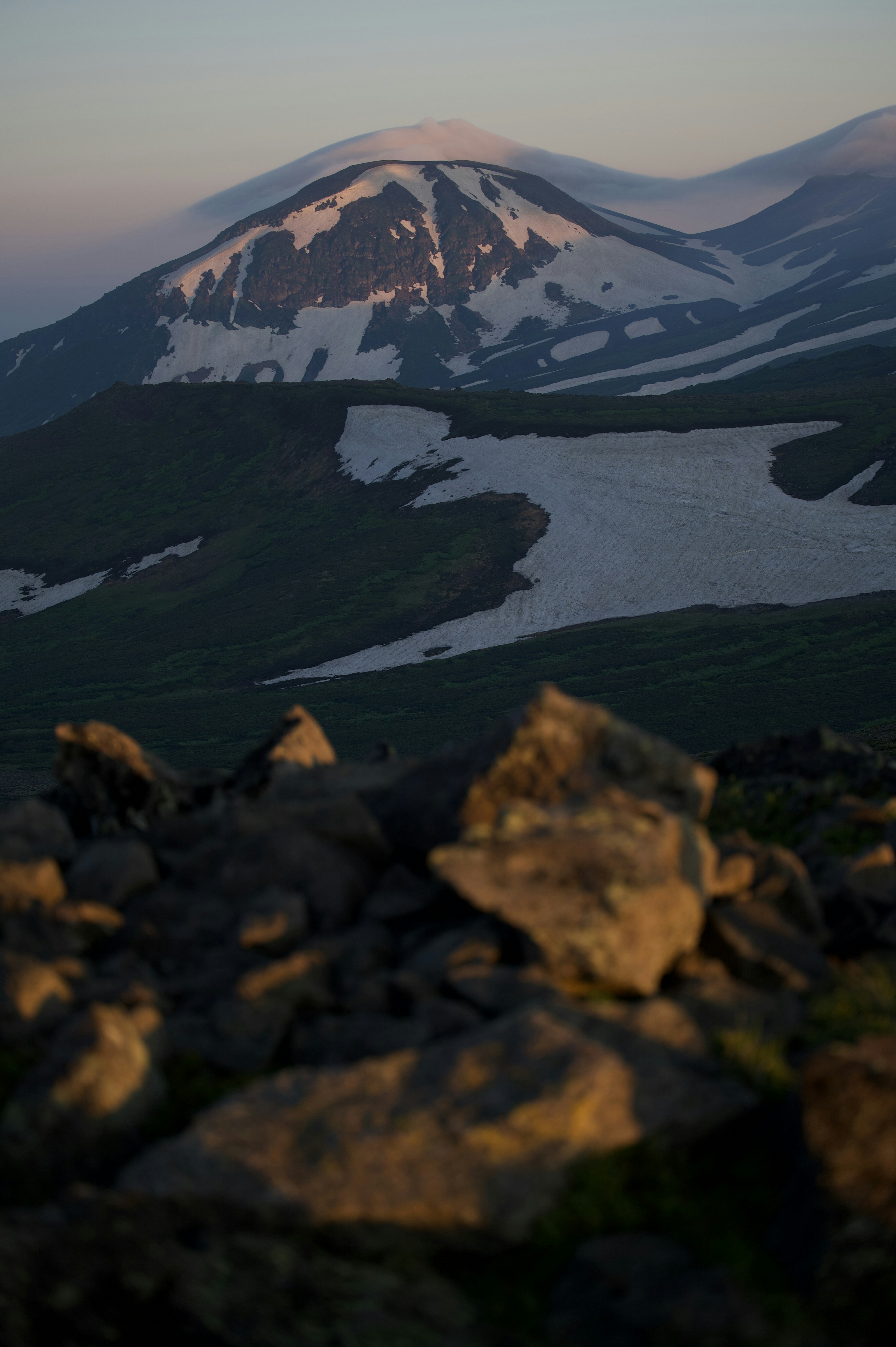 Scenic view of a snow-capped mountain and green hills