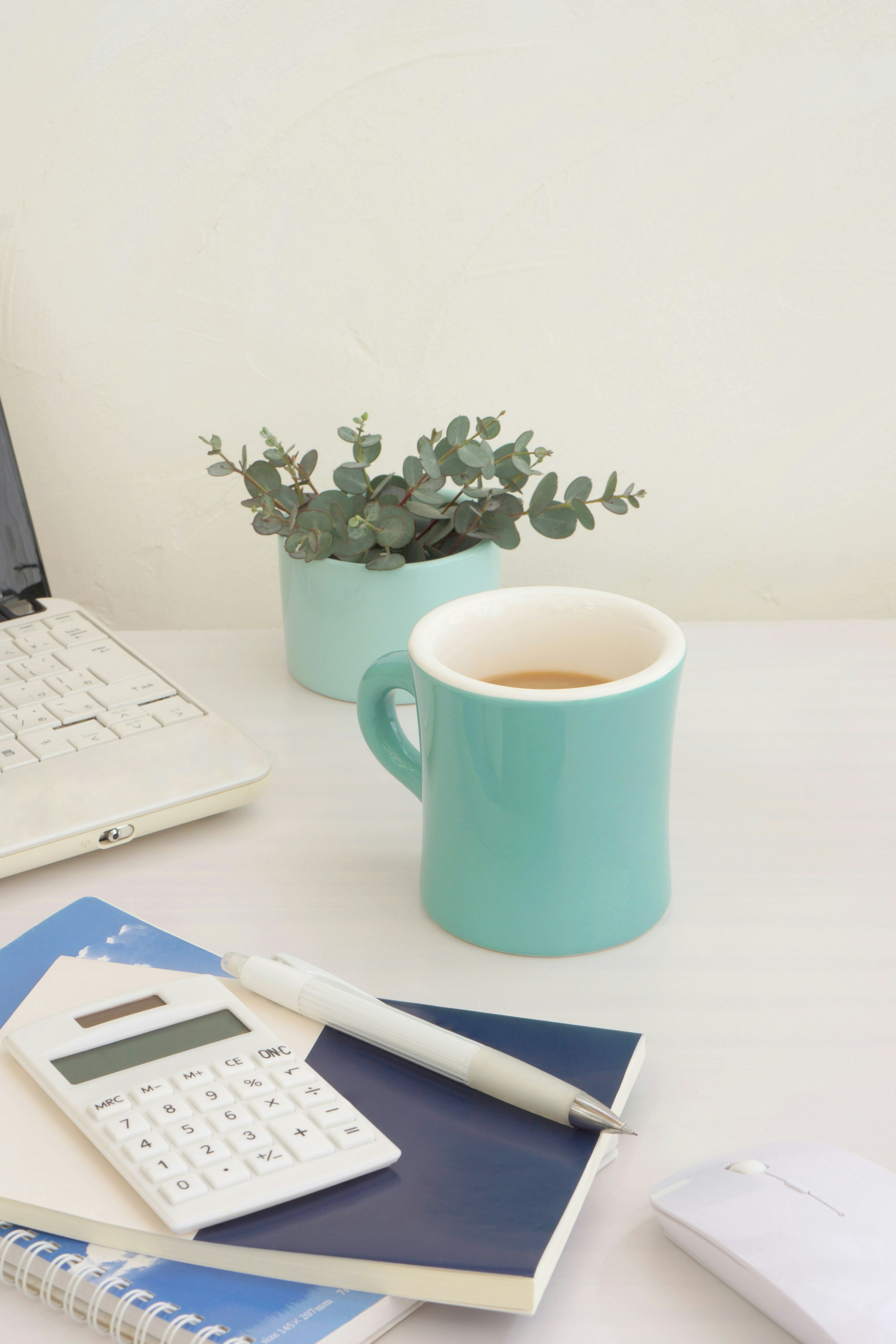 Scène de bureau avec une tasse turquoise et une petite plante en pot