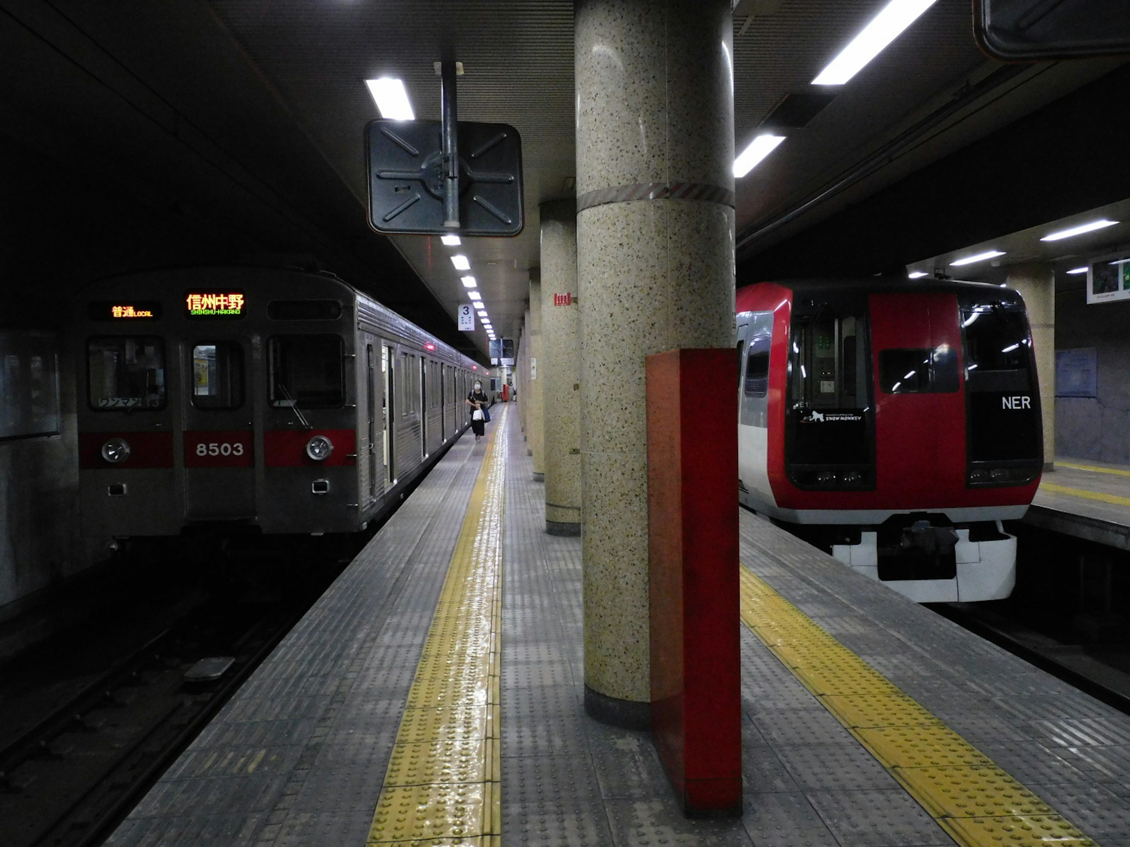 Piattaforma della stazione della metropolitana con treni parcheggiati e un pilastro