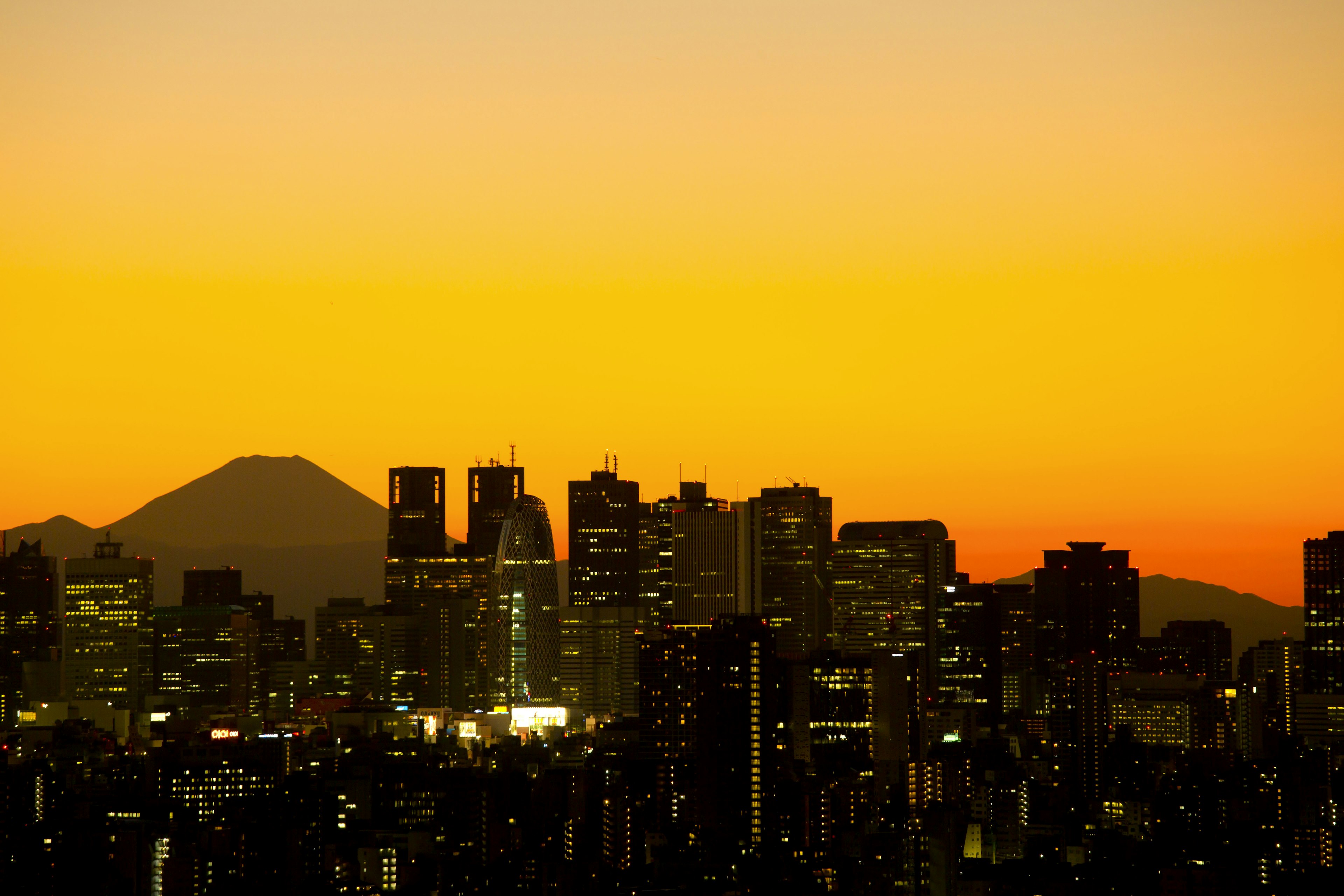 Tokyo skyline silhouetted against a vibrant sunset with Mount Fuji