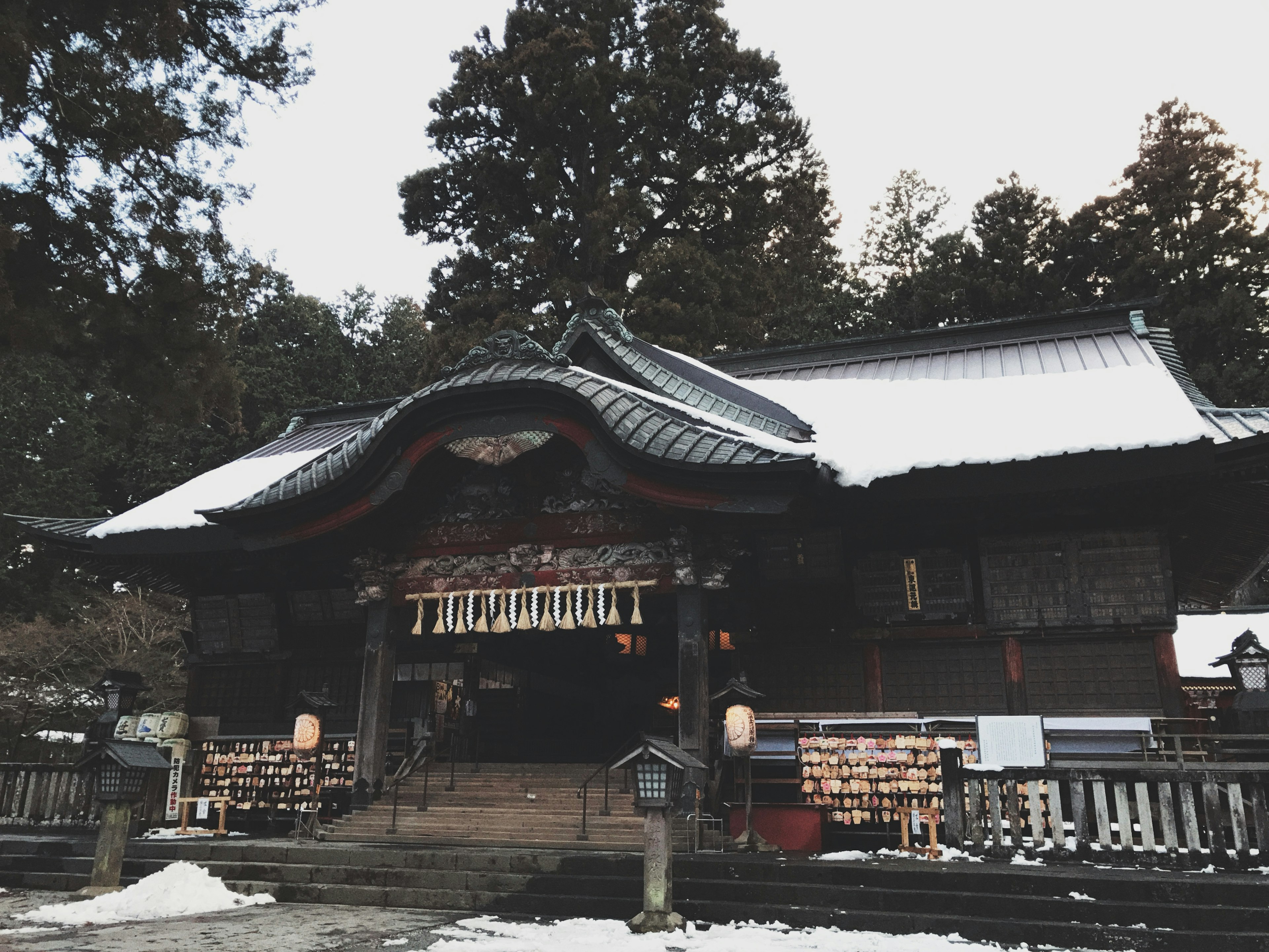 Traditional Japanese shrine building covered in snow with surrounding trees