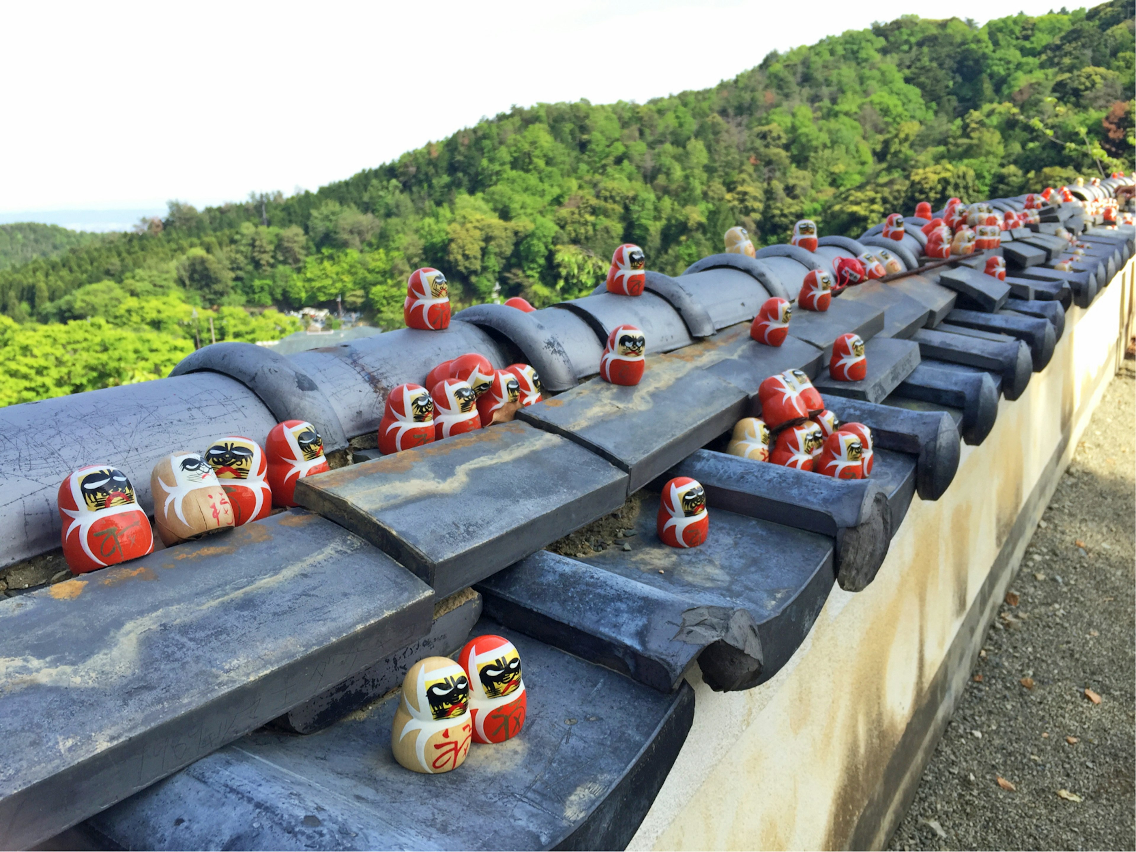 Boneka Daruma berbaris di atap dengan latar belakang pegunungan hijau