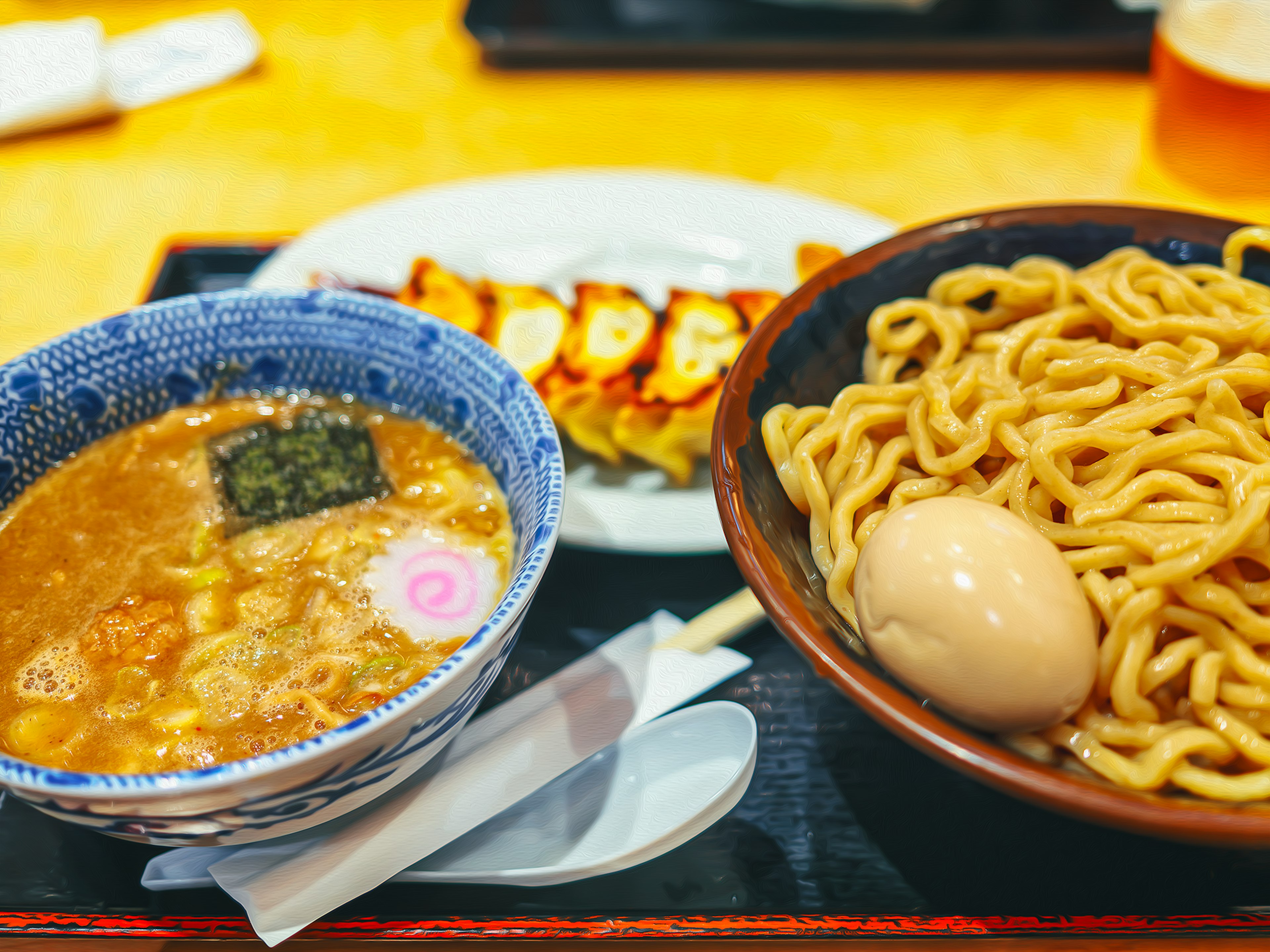 Một bát ramen với nước chấm và một đĩa gyoza