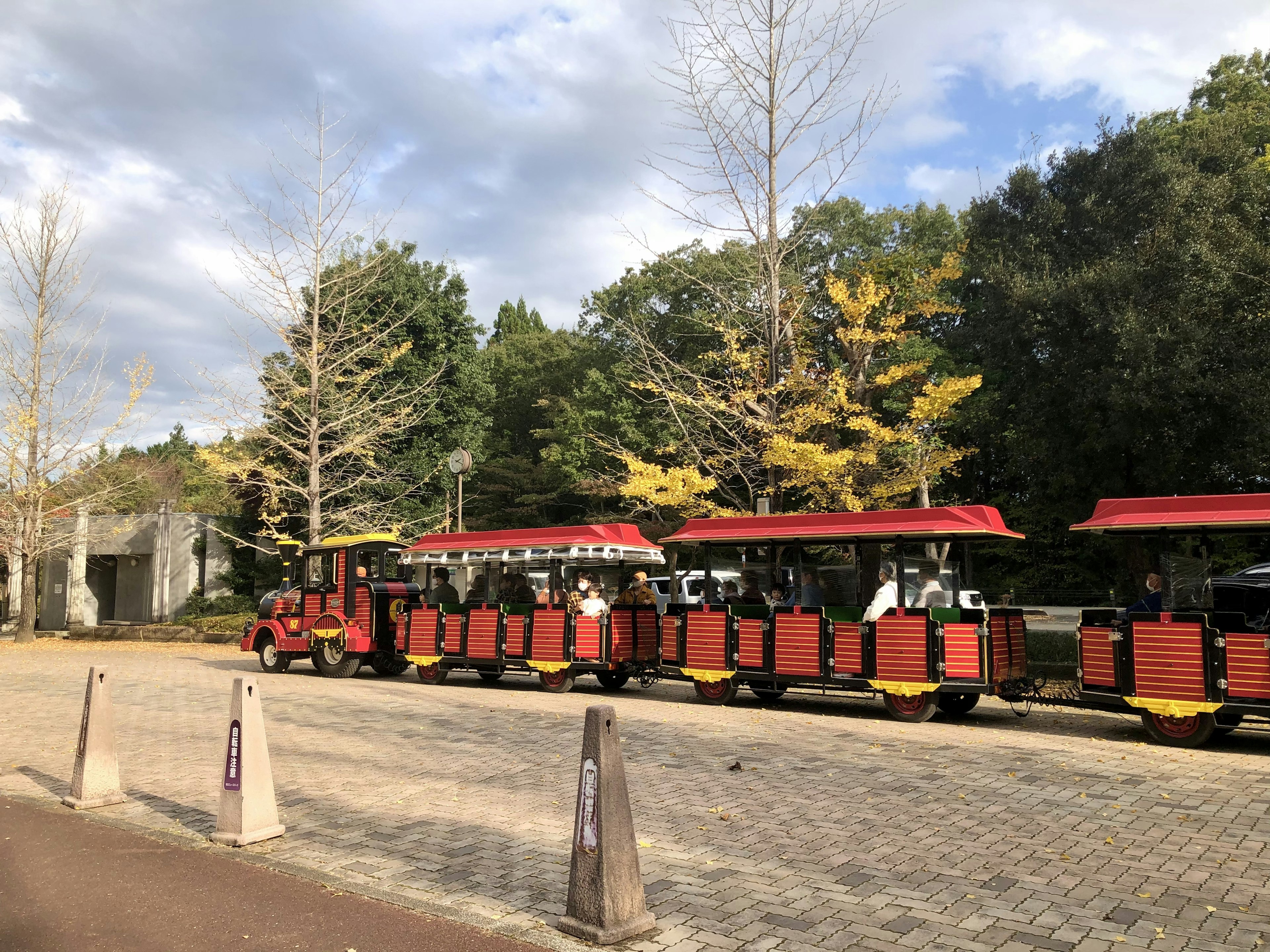 Tram wisata merah di taman dengan pepohonan di sekitar