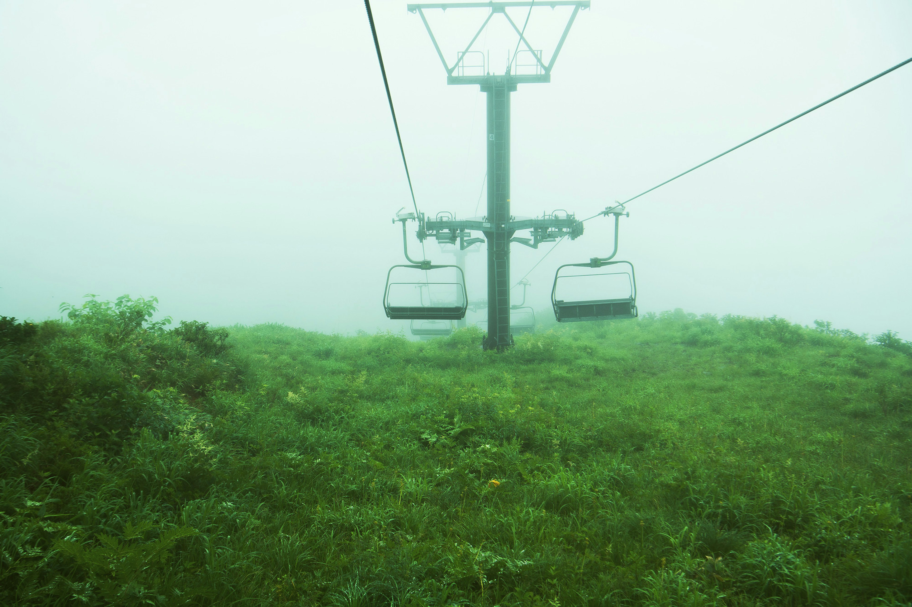 Téléphérique dans le brouillard avec de l'herbe verte autour