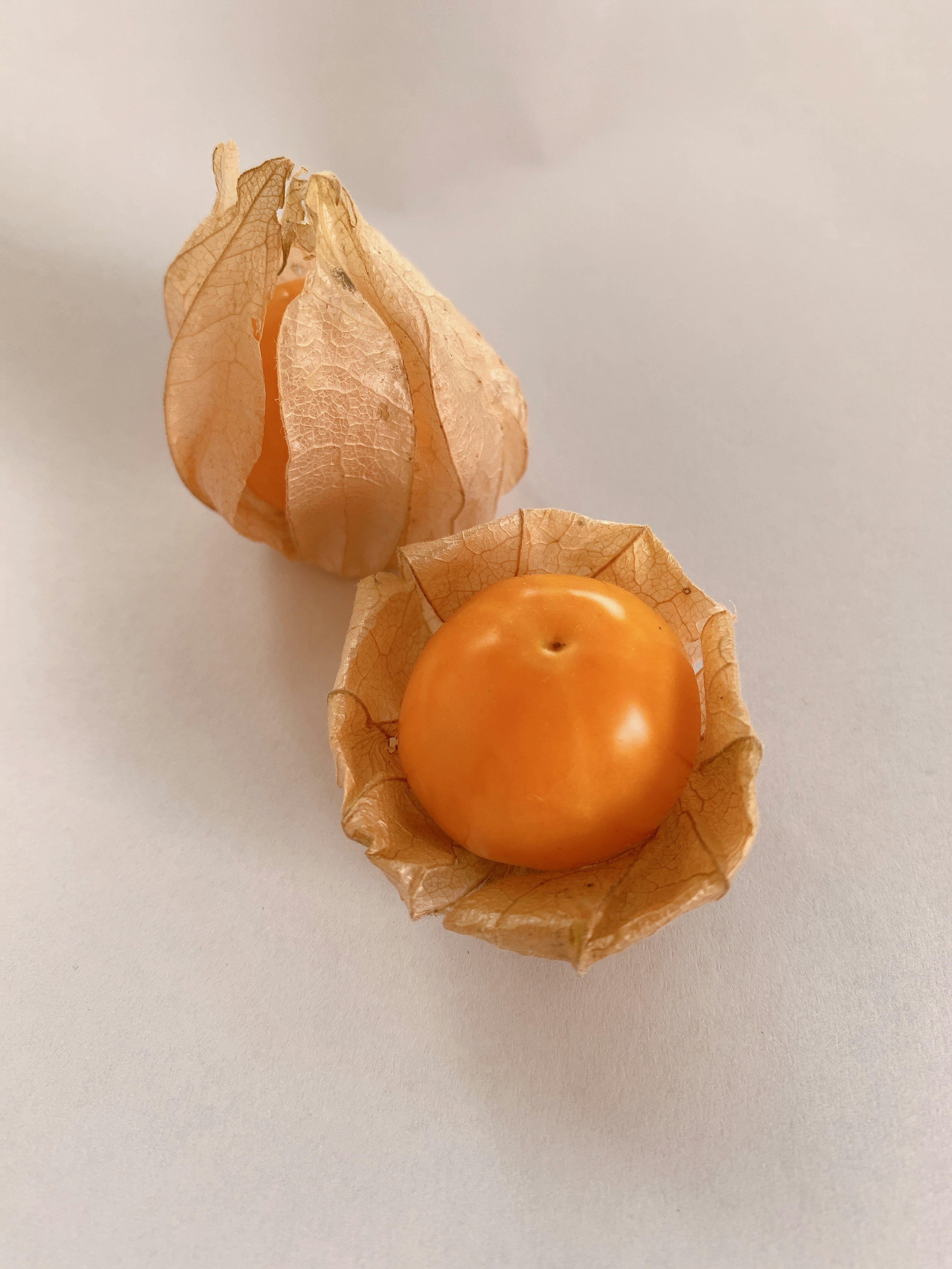 Vibrant orange fruit with a thin brown husk resting on a white background