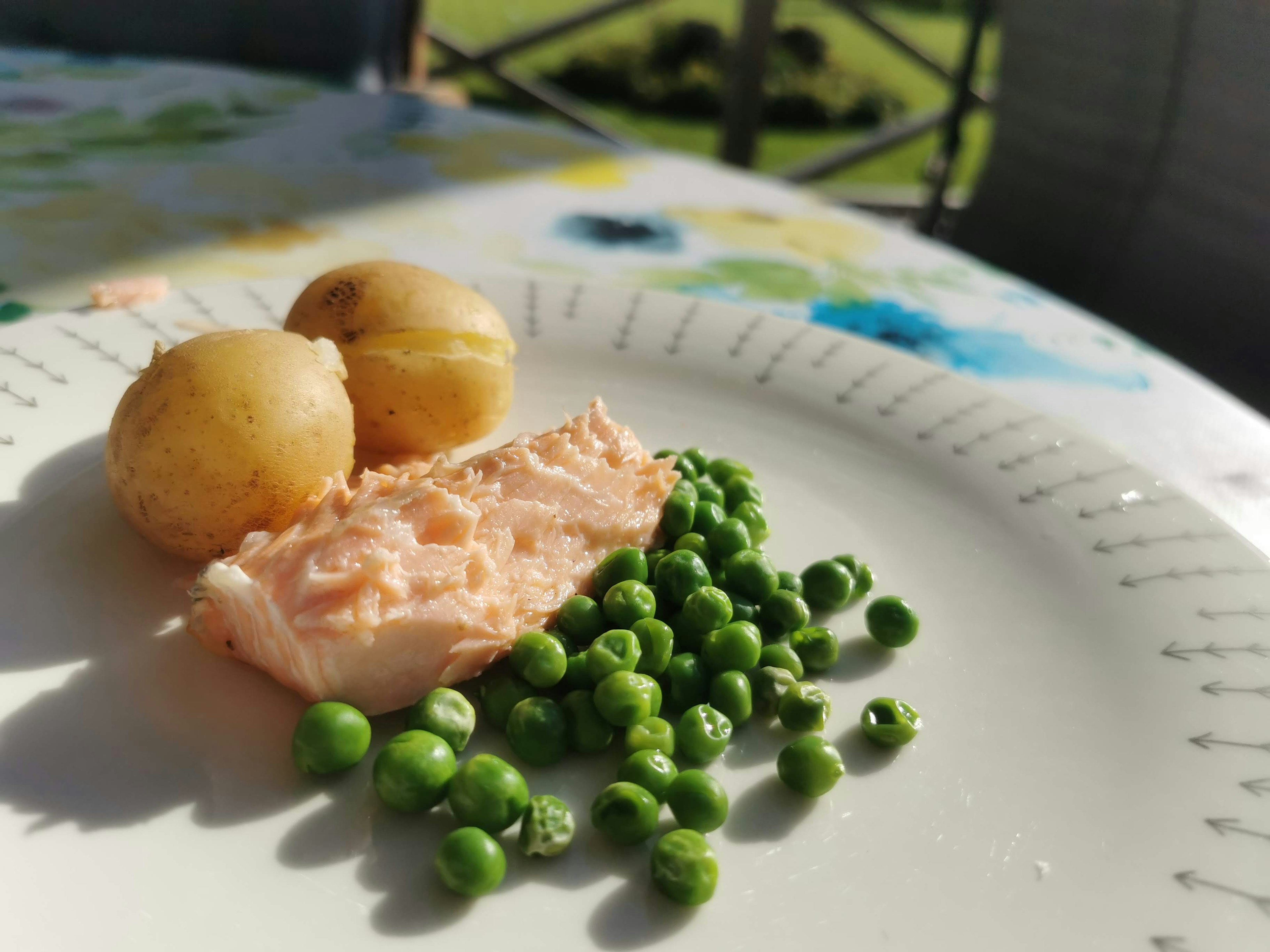 Piatto con salmone piselli verdi e patate in luce naturale